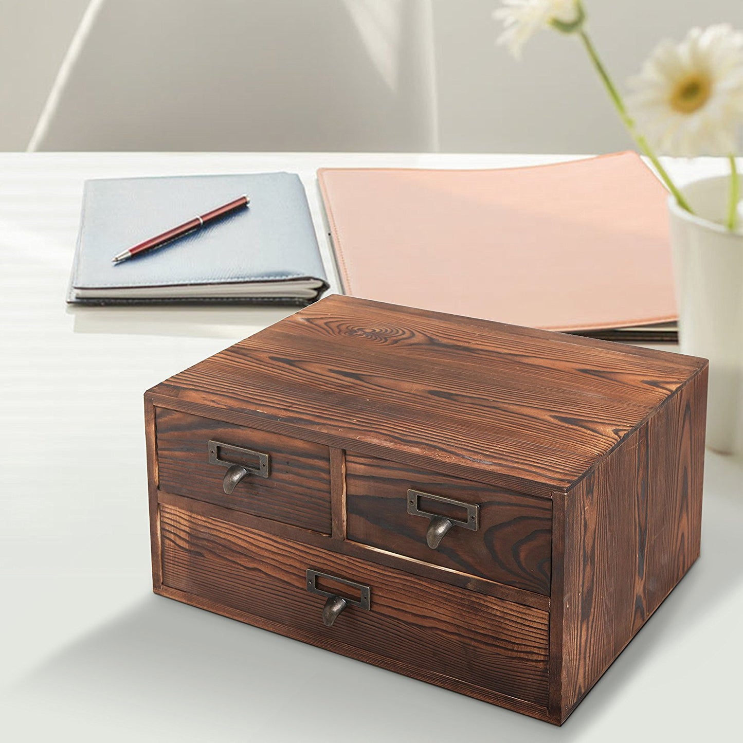MyGift Small Rustic Dark Brown Wood Office Storage Cabinet/Jewelry Organizer w/ 3 Drawers