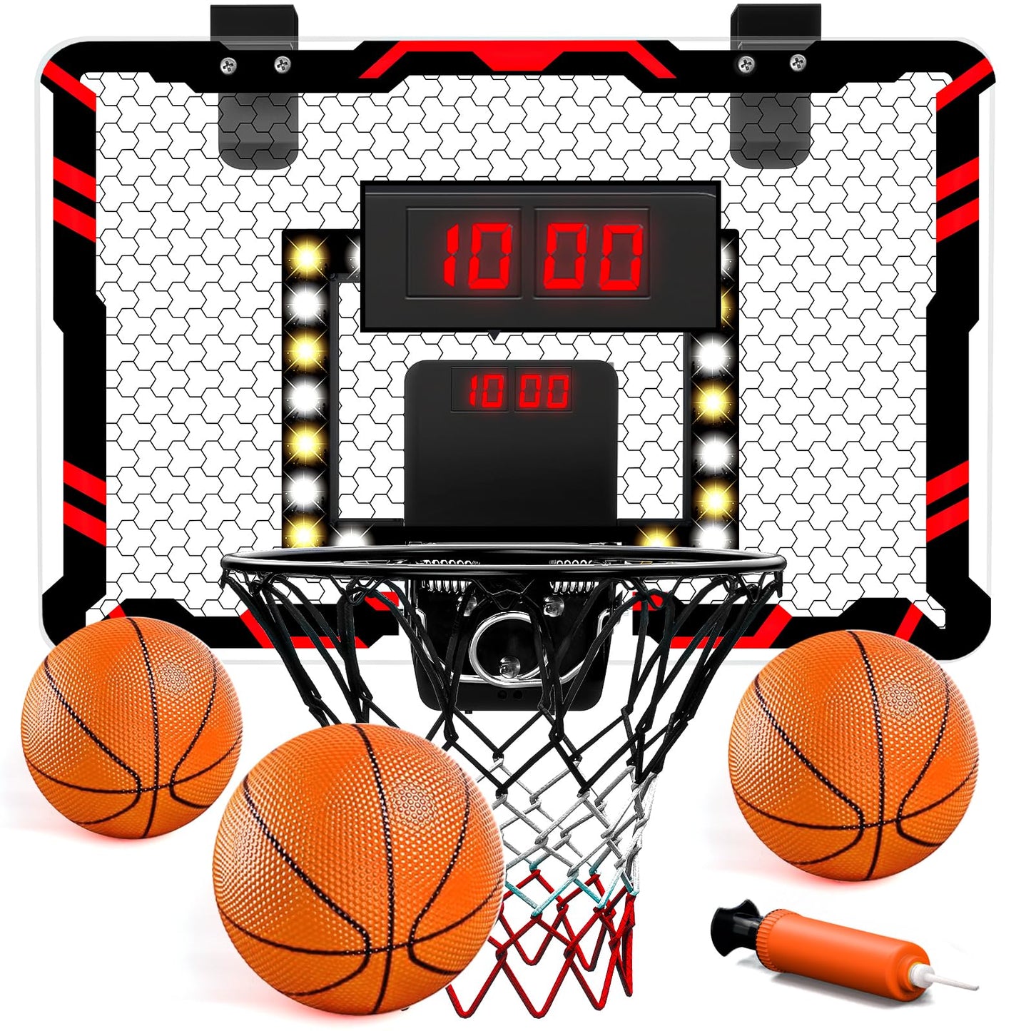 Basketball Hoops for Kids (4-12 Years Old), Indoor Basketball Hoop Wall Mounted with LED Lighting, Over The Door Basketball Hoop with Scoreboard & 3 Balls, Mini Hoops Basketball for Kids Toys