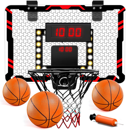 Basketball Hoops for Kids (4-12 Years Old), Indoor Basketball Hoop Wall Mounted with LED Lighting, Over The Door Basketball Hoop with Scoreboard & 3 Balls, Mini Hoops Basketball for Kids Toys