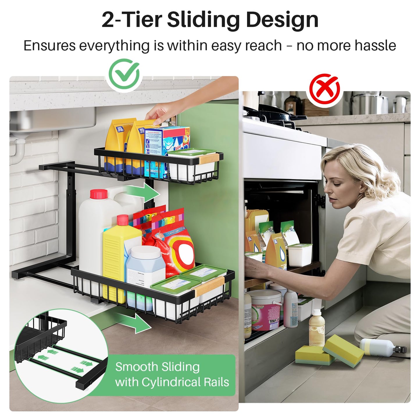 Kitstorack 2 Tier Under Sink Organizer, Slide Out Metal Kitchen Cabinet Organizers Drawer Shelf, Sliding Storage Shelves for Kitchen Bathroom Pantry Cabinet Closet Organization Rack