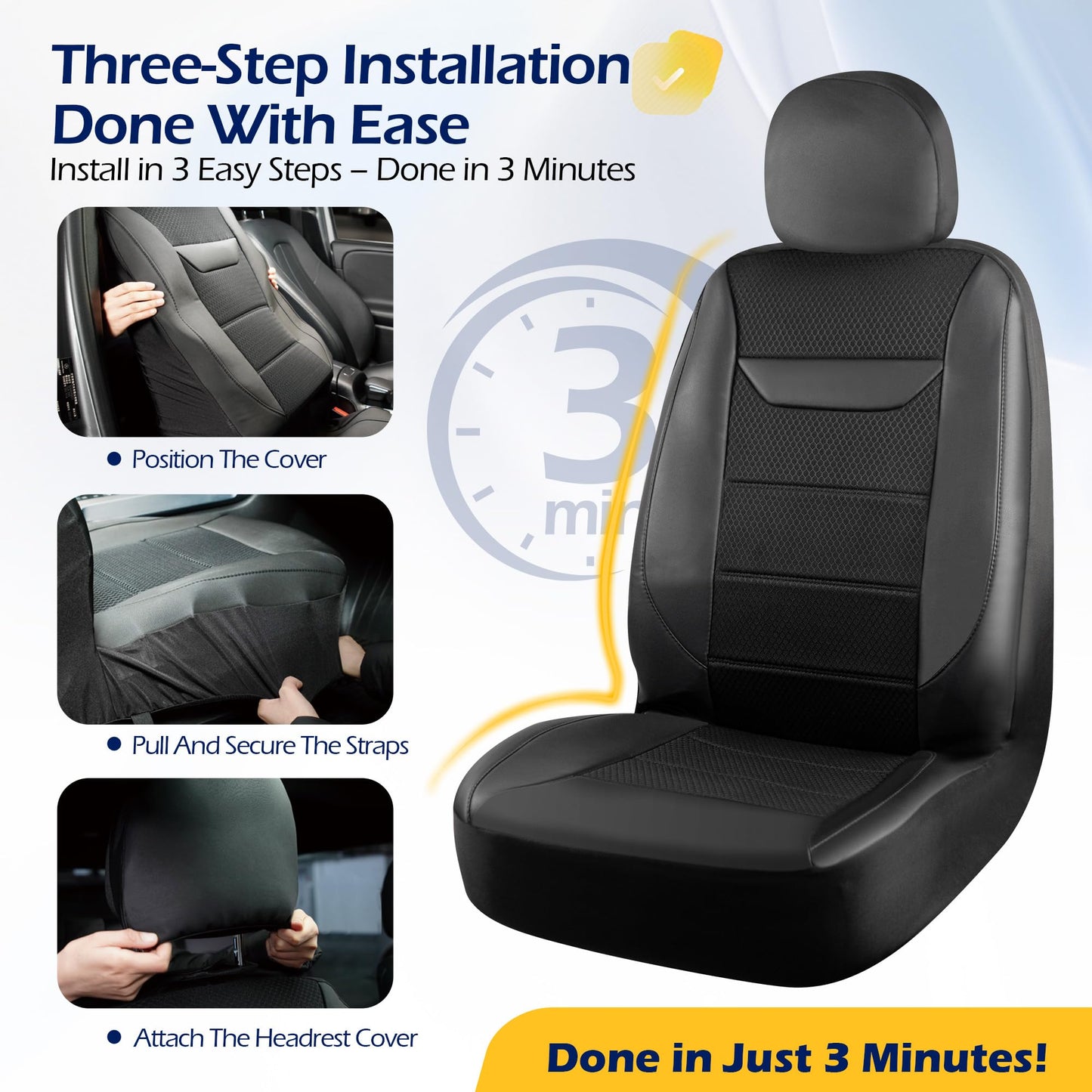 kingphenix 2 Pack Front Memory Foam Leather Car Seat Covers, Breathable 4D Mesh, Easy Install Automotive Seat Protectors, Airbag Compatible, Universal Fit for Cars, Trucks, Vans, SUV - Black