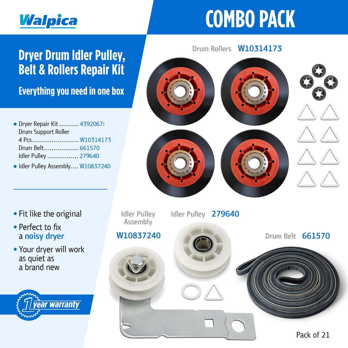 4392067 W10837240 Dryer Repair Kit Belt Idler Pulley 3387610 279640 661570V 80047 Drum Roller Bearing for Whirlpool Cabrio Duet Maytag Bravos XL Kenmore Elite Model 110 Series Dryer Replacement Parts