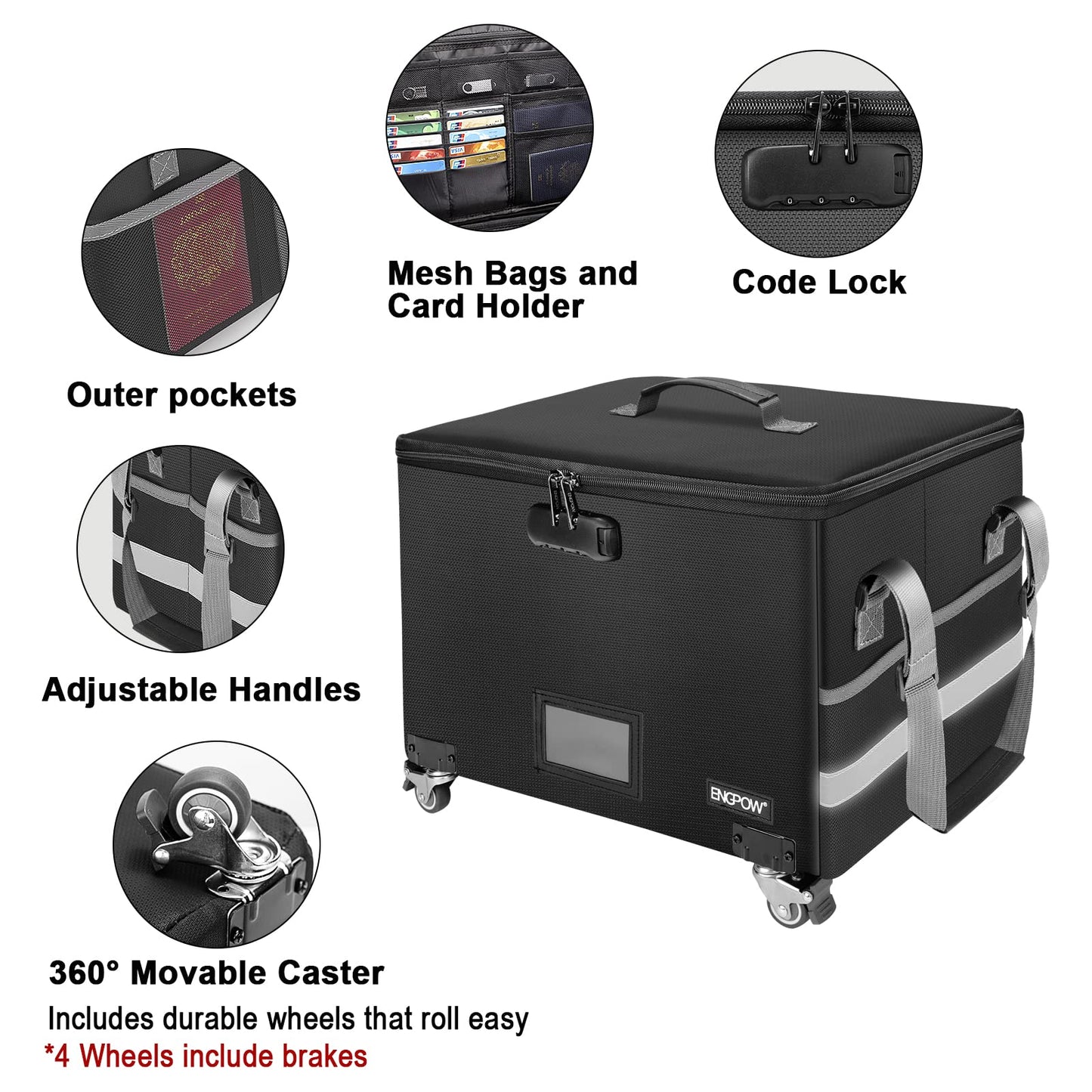File Box with Wheels,ENGPOW Fireproof Document Box with Lock,Collapsible Rolling File Storage Organizer Box Filing Cabinet with Zipper Lid,Portable Home Office Safe for Hanging Letter/Legal Folder