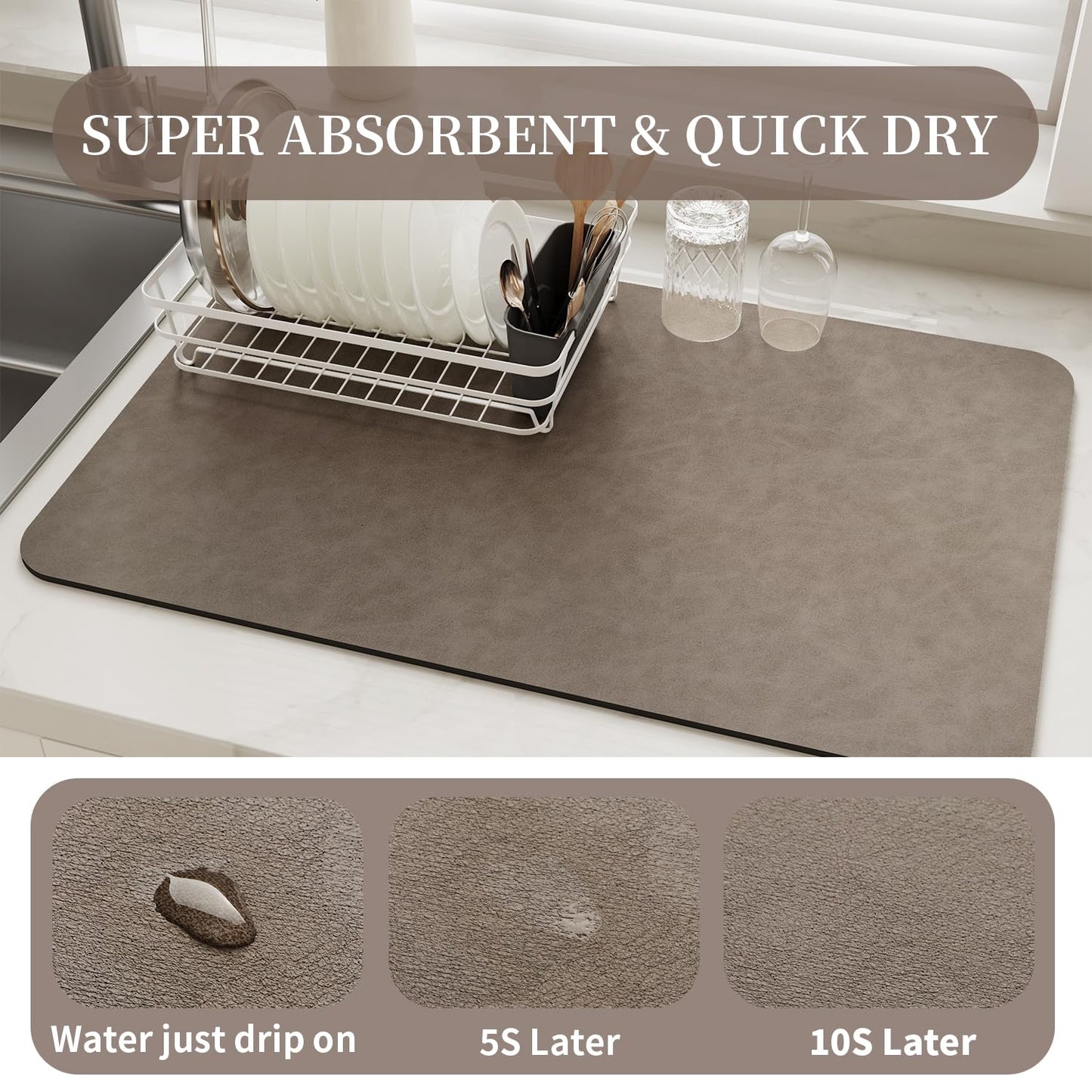 MontVoo-Absorbent Dish Drying Mat-Kitchen Counter Rubber Backed Water Absorbing Drying Mat-Hide Stain Under Dish Mat Quick Dry Coffee Mat-Brown 17''x31''