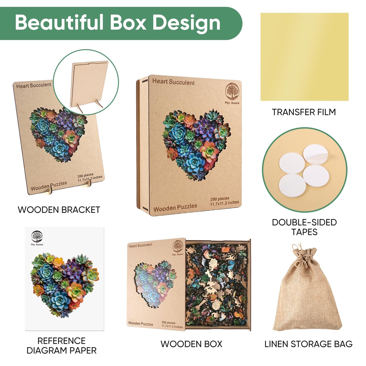 Heart Succulent Wooden Puzzles for Adults, 200 Piece Unique Shaped Wood Jigsaw Puzzles for Adults and Kids, Fun Challenging Puzzles Family Game Gift, Medium 11.7'' x 11.2''