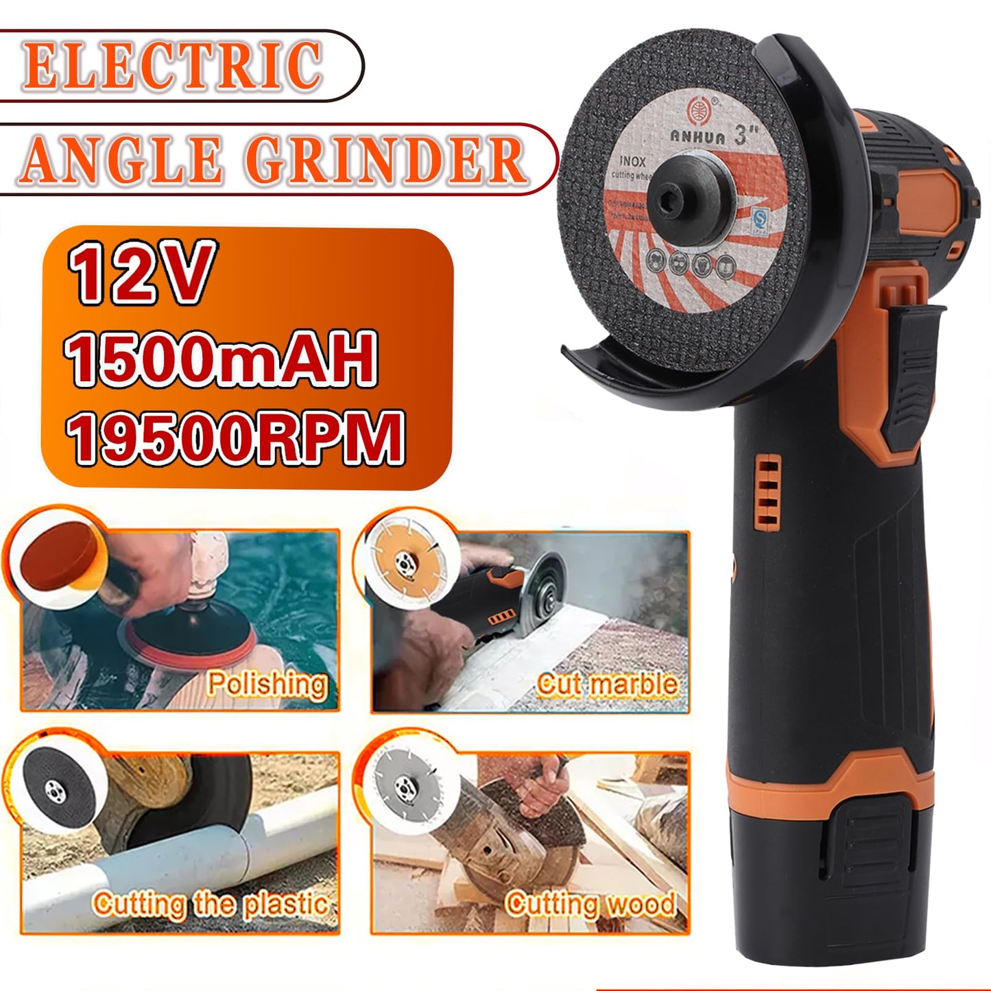 WODHMIEY Cordless Angle Grinder, Lightweight Brushless Motor, 19500RPM Venting Holes with Comfortable Rubber Handle for Grinding, Cutting, Polishing 75mm Blade Size