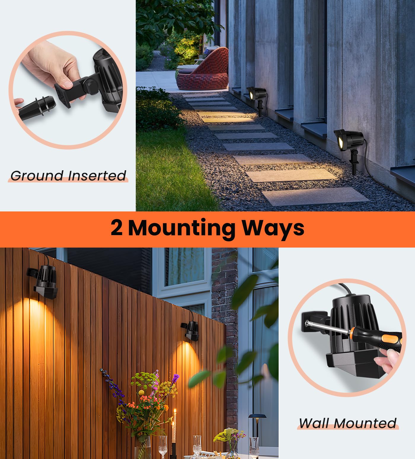 MEIKEE 15W 1500LM LED Landscape Lighting 120V 2700K Warm White Landscape Lights IP66 Waterproof Outdoor Garden Spotlights with US Plug for Wall Tree Fence Yard Path (2 Pack)