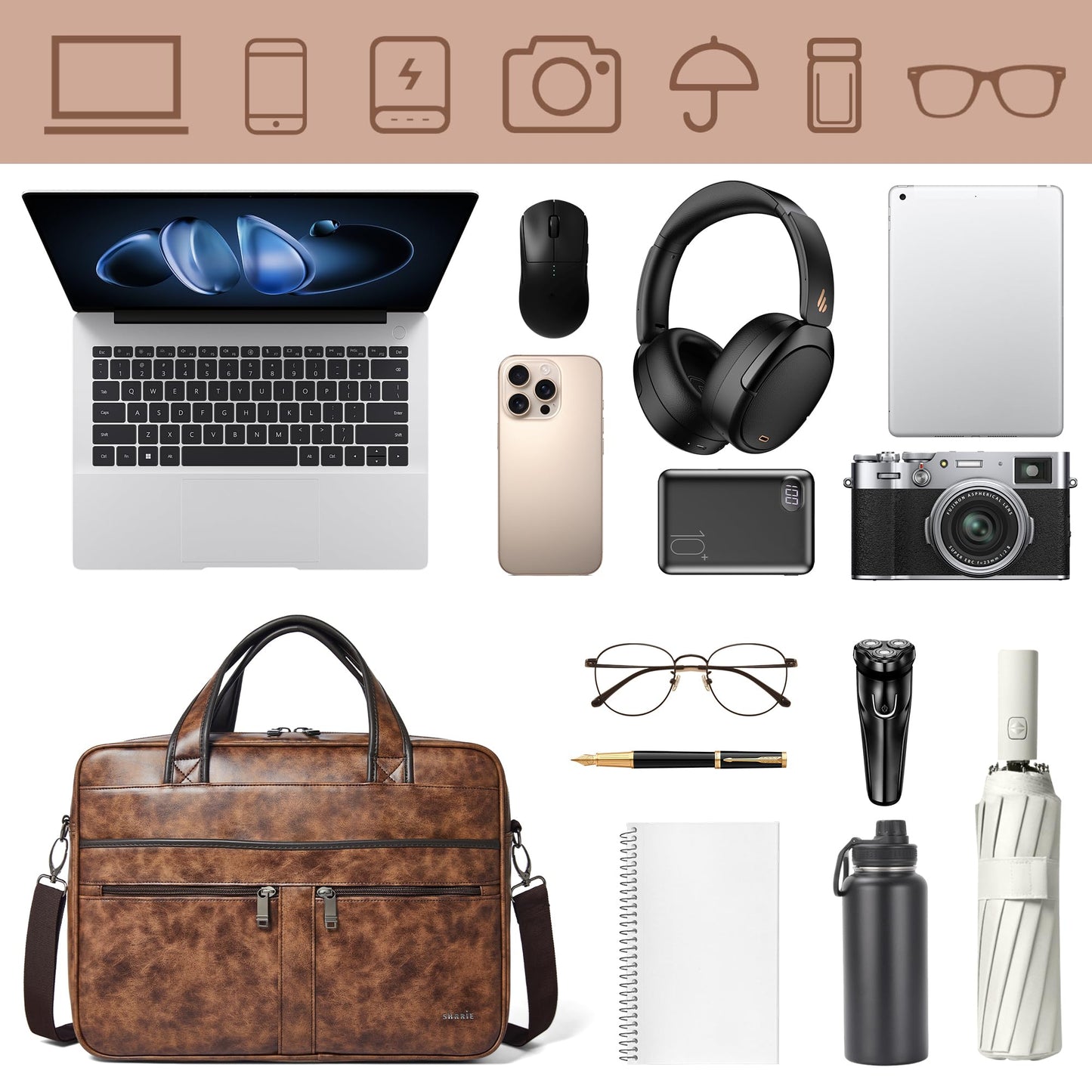 Shrrie Leather Messenger Bag for Men&Women 16 inch Laptop Bag,Water-Resistant Retro Leather Briefcase for Men Business,Work