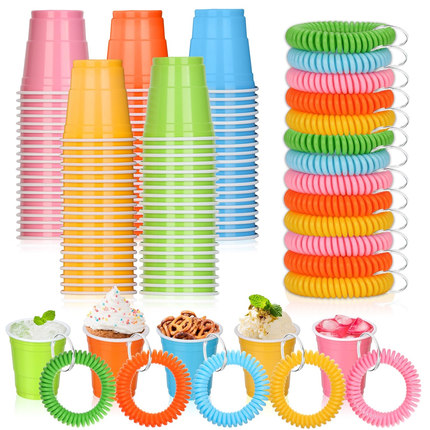 100 Pcs Multi Colors Shot Cups with Wristband for Party 2oz Plastic Shot Glasses Bulk Disposable Mini Shot Glasses with Bracelet Wear On Solo Cups for Festival Birthday Carnival Easter Party Supplies