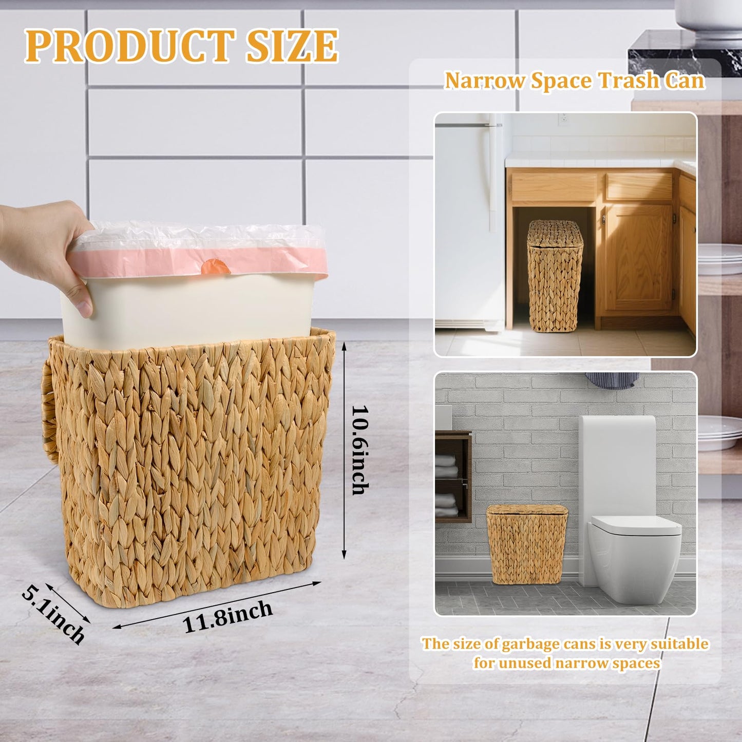 ZUNKNOD Wicker Trash Can with Lid and Liner, Handwoven Wicker Waste Basket, Water Hyacinth Bathroom Trash Can, Boho Rattan Garbage Wastebasket for Bedroom Home Living Room Office Kitchen, 2.5 Gallon
