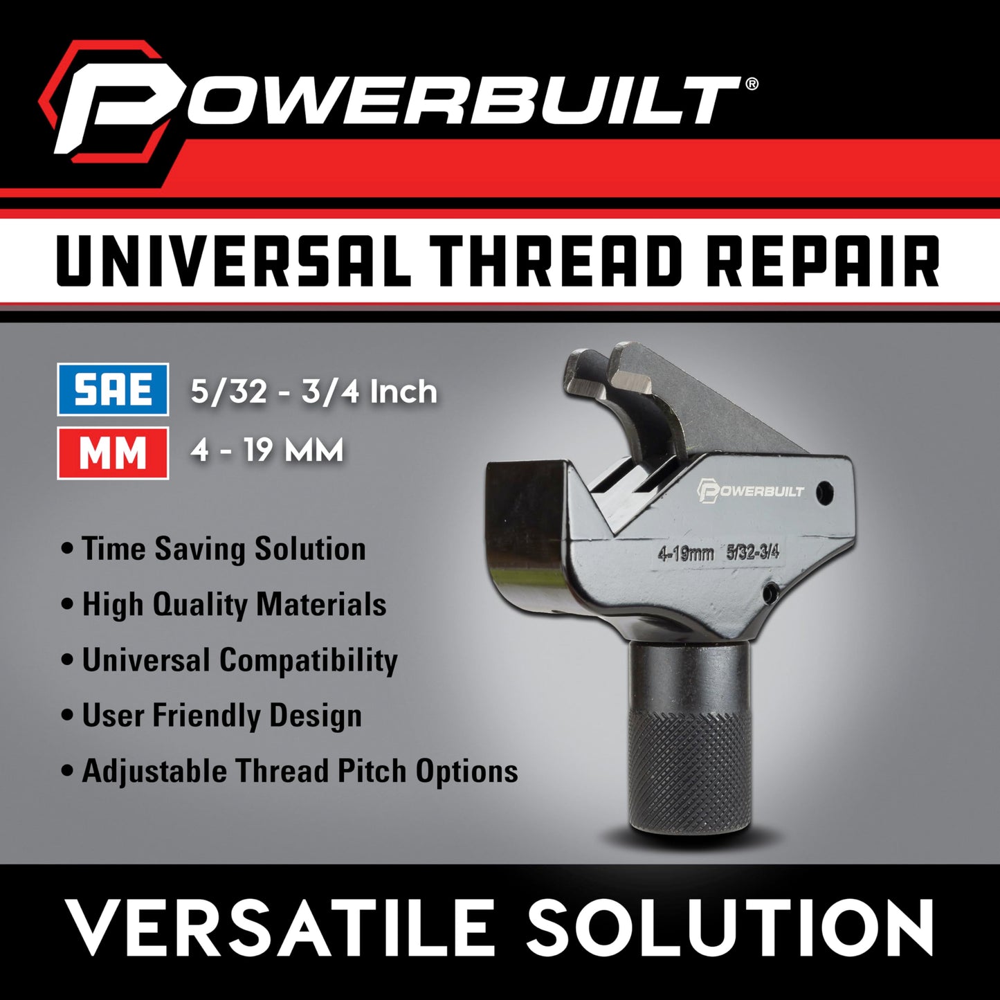 Powerbuilt Universal Thread Repair Tool 5/32" - 3/4" SAE / 4-19mm Metric, Fixed Damaged Threads Tool - 643030ECE