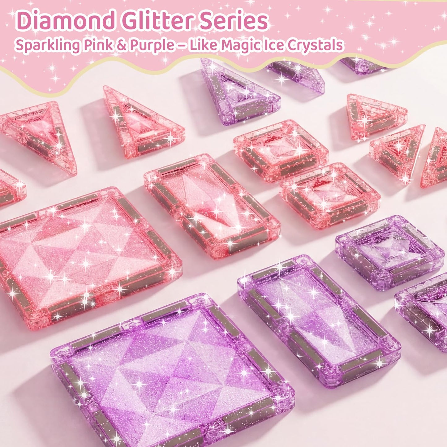 burgkidz Princess Magnetic Tiles for Girls Ages 3-8 – 42PCS Sparkling Pink & Purple Glitter Tiles with Storage Tin, Dual Size Standard Compatible STEM Toys, Travel Friendly Birthday Gift
