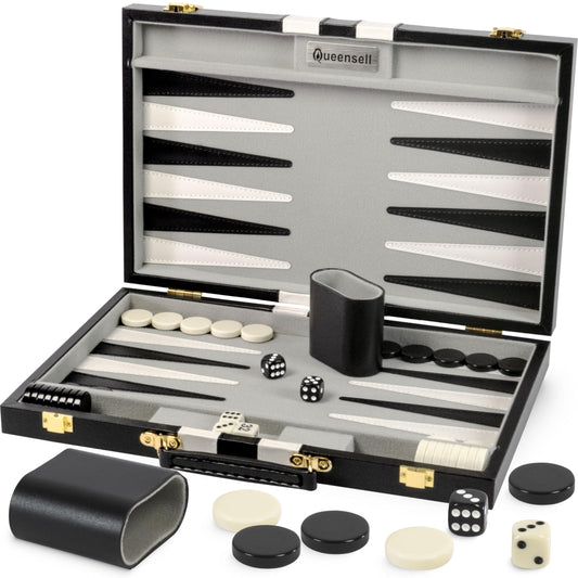 Backgammon Sets for Adults – 15-Inch Black PU Leather Board Game Set – Classic 2-Player Travel Backgammon Set with 32 Playing Pieces, Dice, and Cups