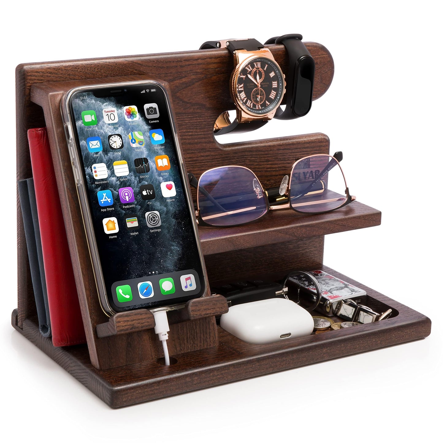 TESLYAR Gifts for Men – Wood Phone Docking Station, Nightstand Desk Organizer, Fathers Gift, Gifts for Dad or for Him, Birthday, Anniversary, Xmas Mens Gift Ideas, Wallet Holder (Bourbon Brown)