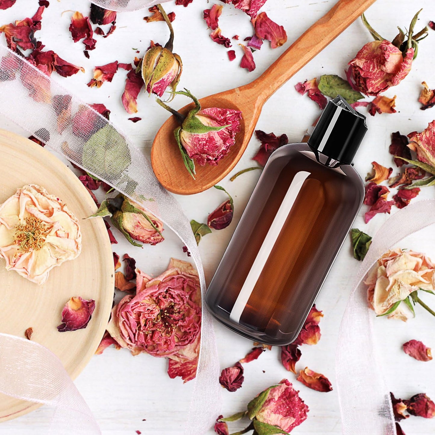 36 Pack Amber Plastic Travel Bottles, 8.5oz Reusable Cosmetic Squeeze Containers with Disc Top Flip Cap, Refillable Empty Containers for Shampoo Conditioner Toiletries Liquid Soap (250ml)