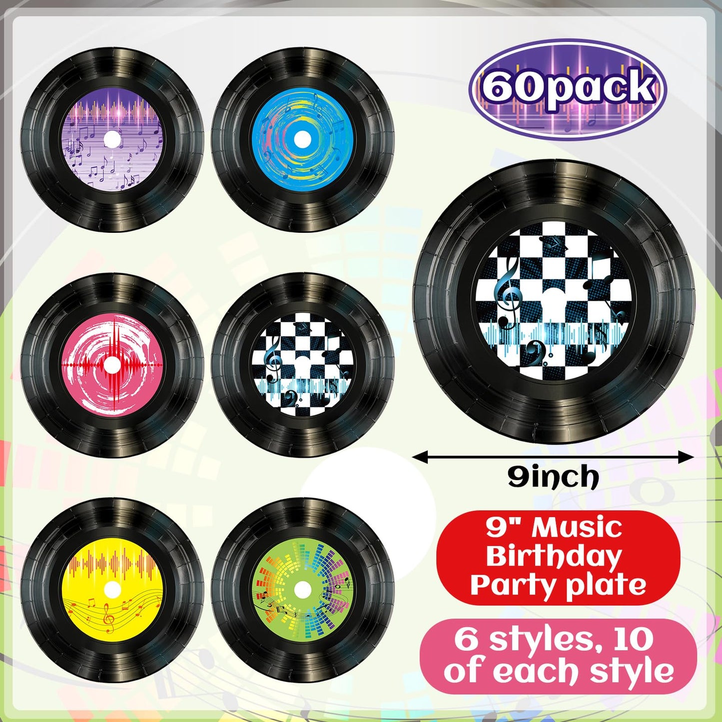 FillTouch 60 Pcs 9 Inch Paper Plates Party Decorations Plates Disposable Plates Set Tableware for Birthday Anniversary Supplies Dessert Favor (1950's Rock Record)