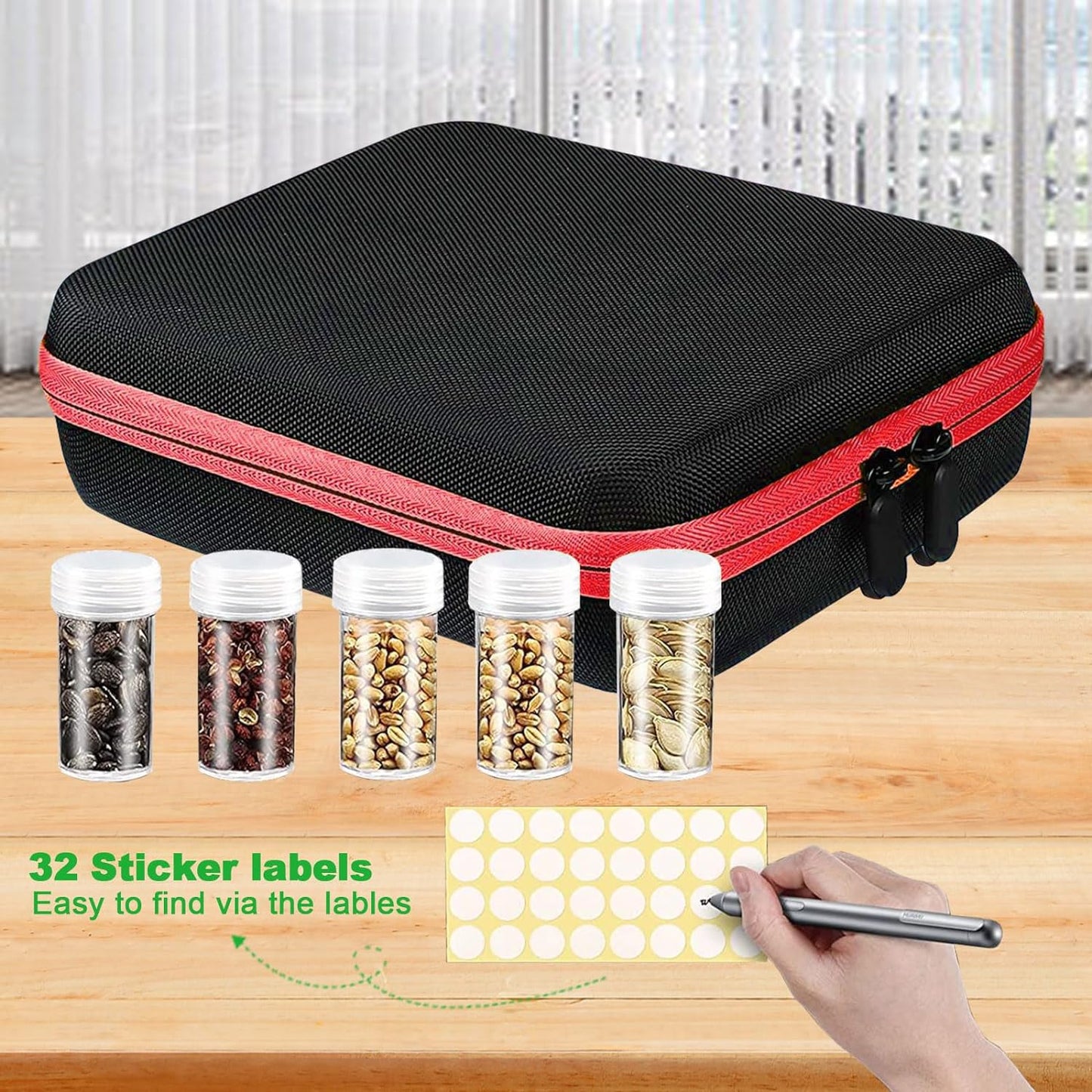 60 Slots Seed Storage Box,Garden Seed Storage Organizer Box with Plastic Storage Containers,Label Stickers,Seed Envelopes,Funnel for Various Sizes Vegetable and Flower Garden Seeds