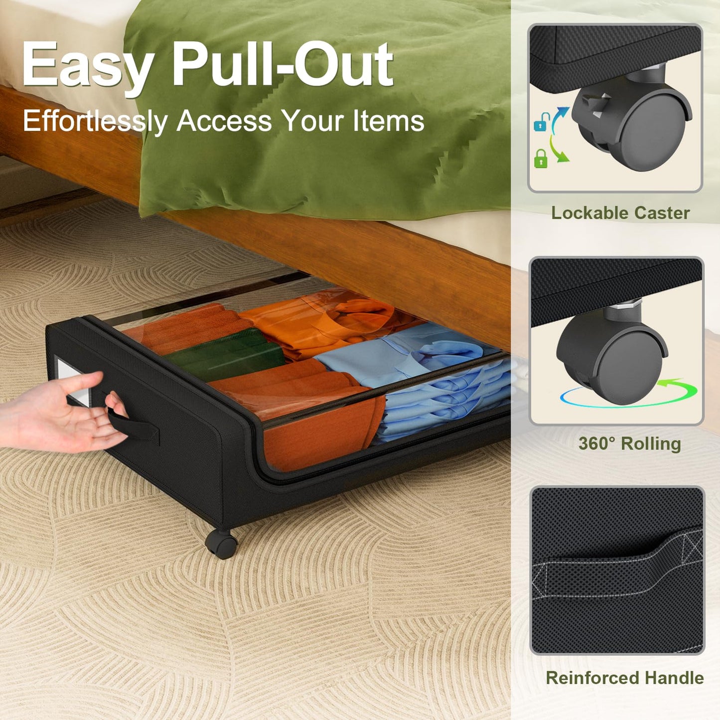 GoMaihe Under Bed Storage with Wheels: 48L Underbed Storage Bins with Lids - Rolling Rangement Vetement sous le Lit - Containers for Clothes Shoes in Bedroom - Easy Pull-out Black 2-Pack