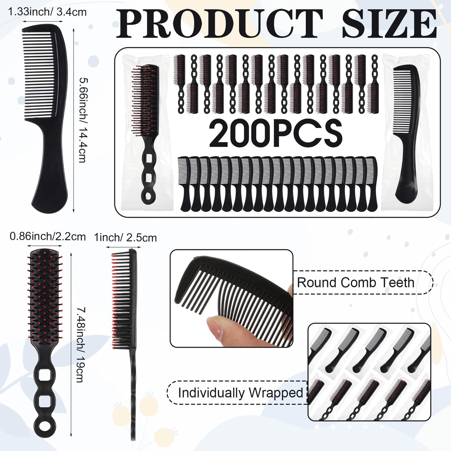 Baderke 200 Pcs Hair Brushes Bulk Combs Set for Homeless Individually Wrapped Bulk Brush Widen Combs for Curly Hair Suitable for Women Men Shelter Nursing Hotel Church Charity Supply(Black)