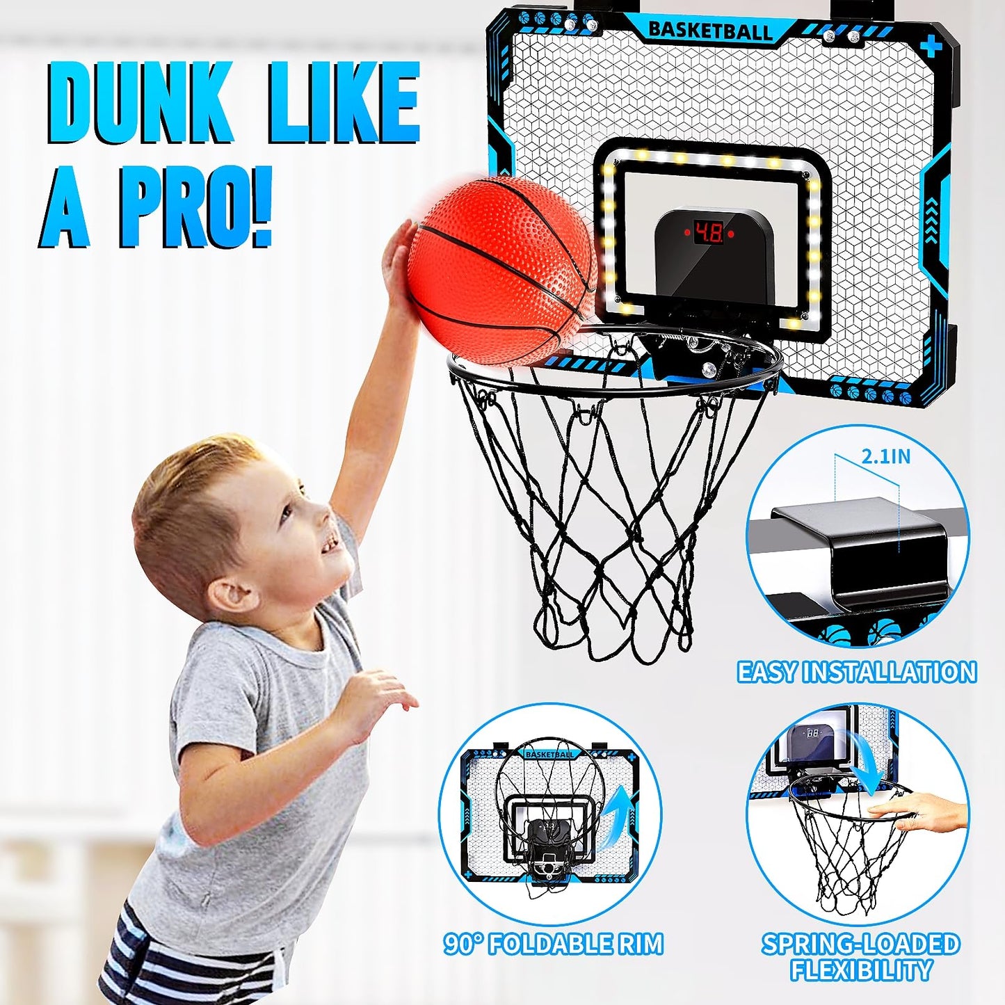 BATURU Indoor Mini Basketball Hoop with Interactive LED Lighting & Electronic Scoreboard, Over The Door Basket Ball Hoops with 3 Balls and Pump, Sports Toys Gifts for Boys 5-12 Kids, Teens
