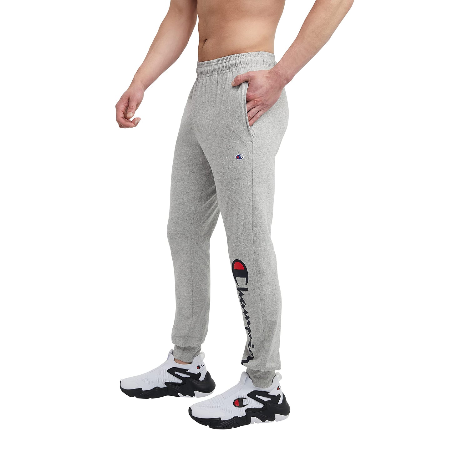 Champion Men's Joggers, Lightweight Lounge Pants, Jersey Graphic Pants for Men, 31", Oxford Gray - Classic Script Logo, Large