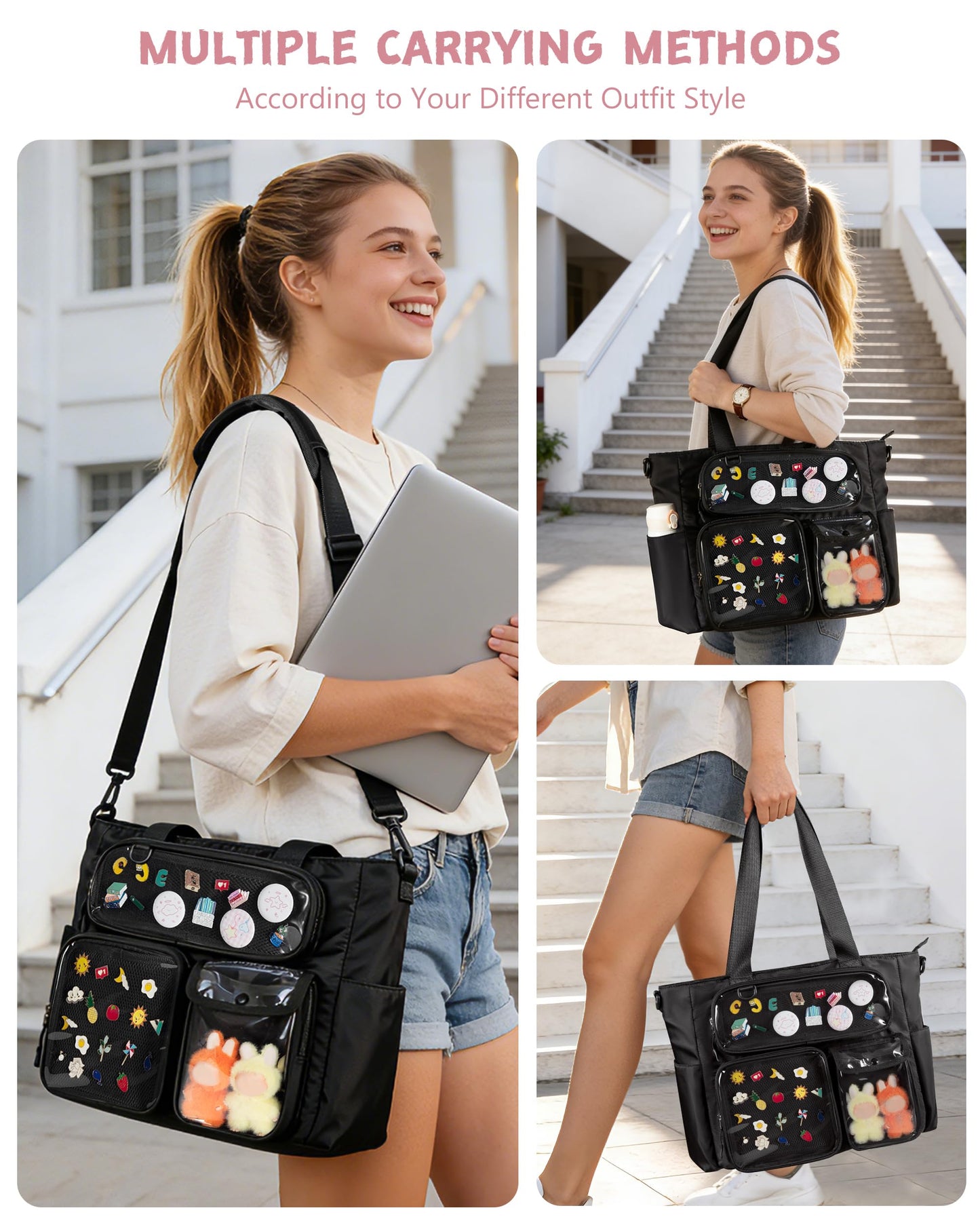 Prokva Large Ita Bag with 3 Pockets & 2 Inserts, Kawaii Ita Tote Pin Display Bag for Anime Kpop Fans, Versatile Messenger Bag, Black, Handbag (Pins NOT Included)