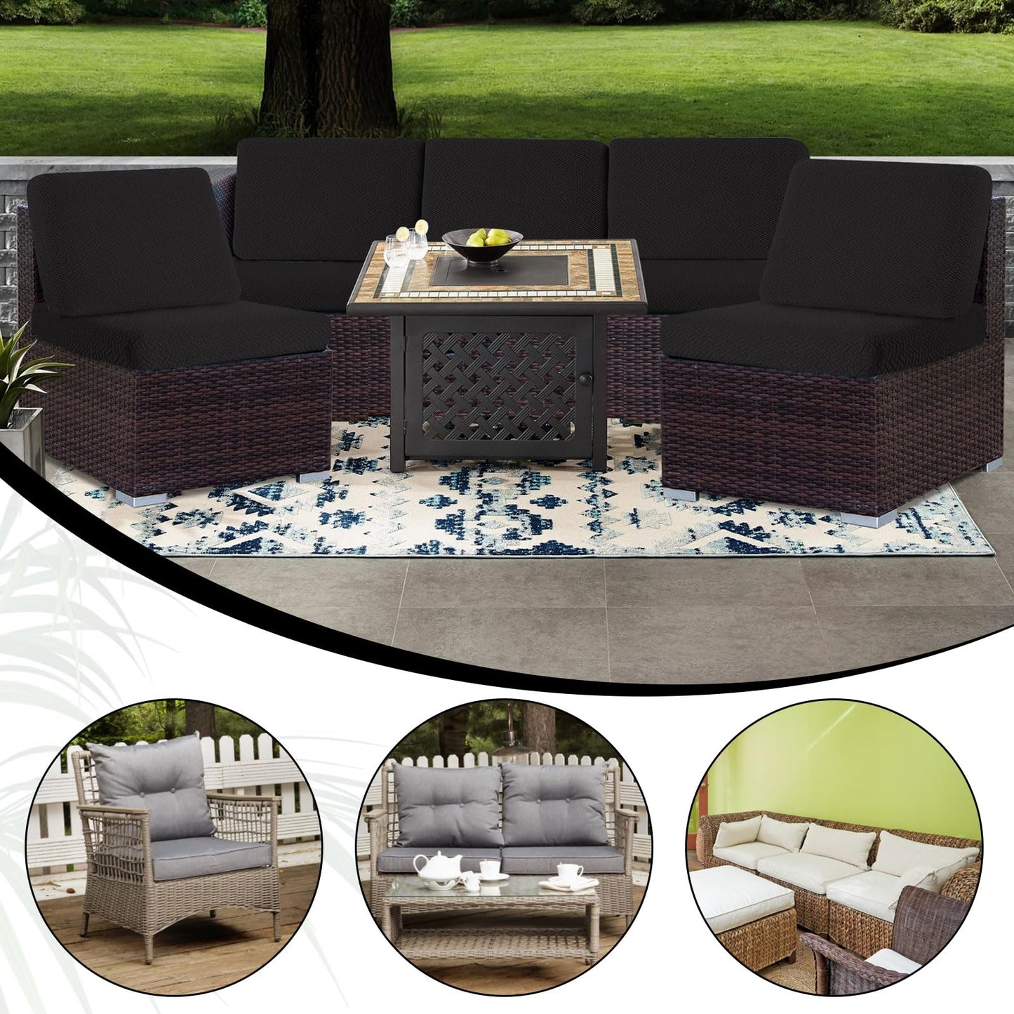 ele ELEOPTION 6Pcs/Set Waterproof Couch Cushion Covers Patio Outdoor Lawn Garden Outdoor Sectional Sofa Slipcover Washable Cushion Cover (Length 20-27inch, Width 20-27inch) Black