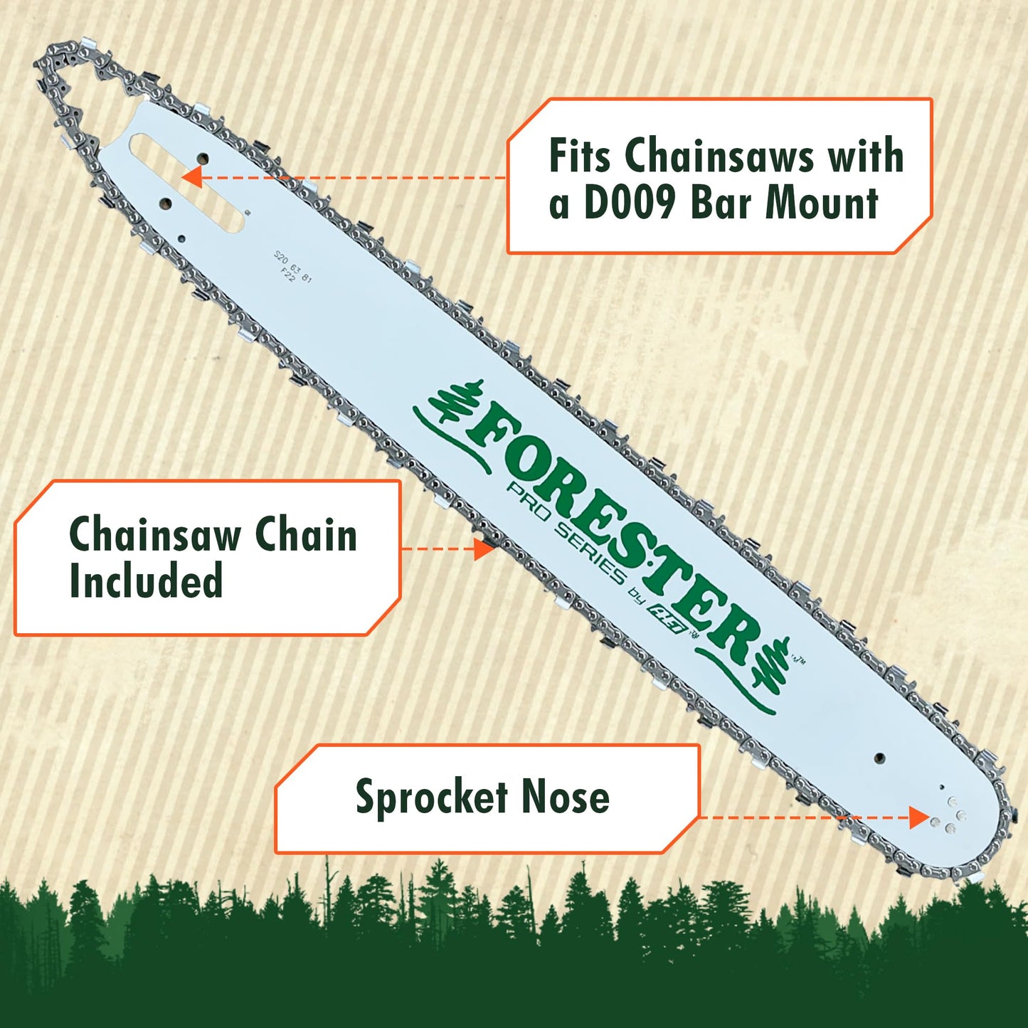 Forester 20" .050 gauge Chainsaw Bar and Chain combo for Husqvarna D009 mount
