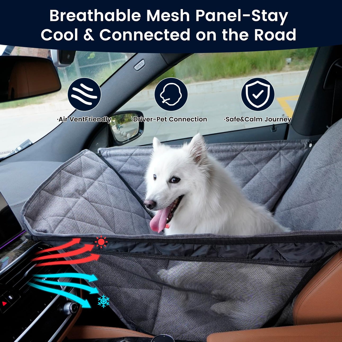 Dog Car Seat for Small/Medium Dogs with Central Console and Door Protection – Full Coverage Pet Booster Seat with Mesh Window, Zippered Side Flaps, Safety Buckle, Machine Washable, Grey Linen Fabric
