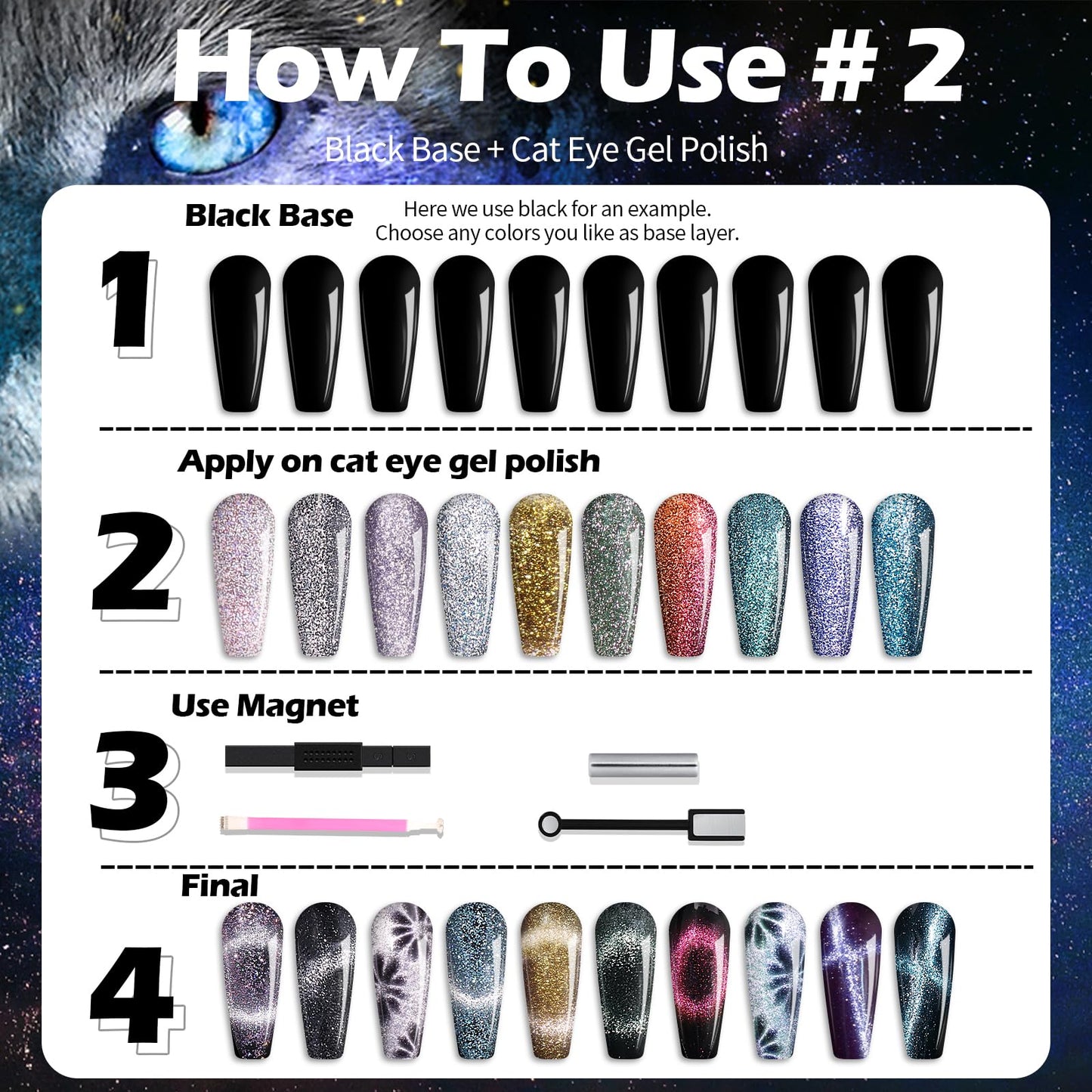 Clara Colors Magnetic Nail Polish - 20 Colors Cat Eye Gel Polish Kit Holographic Glitter Cat Eye Gel Nail Polish with 4 Magnet, Black White Base Top Coat Gel Soak Off LED Manicure Salon DIY Art Gifts for Her