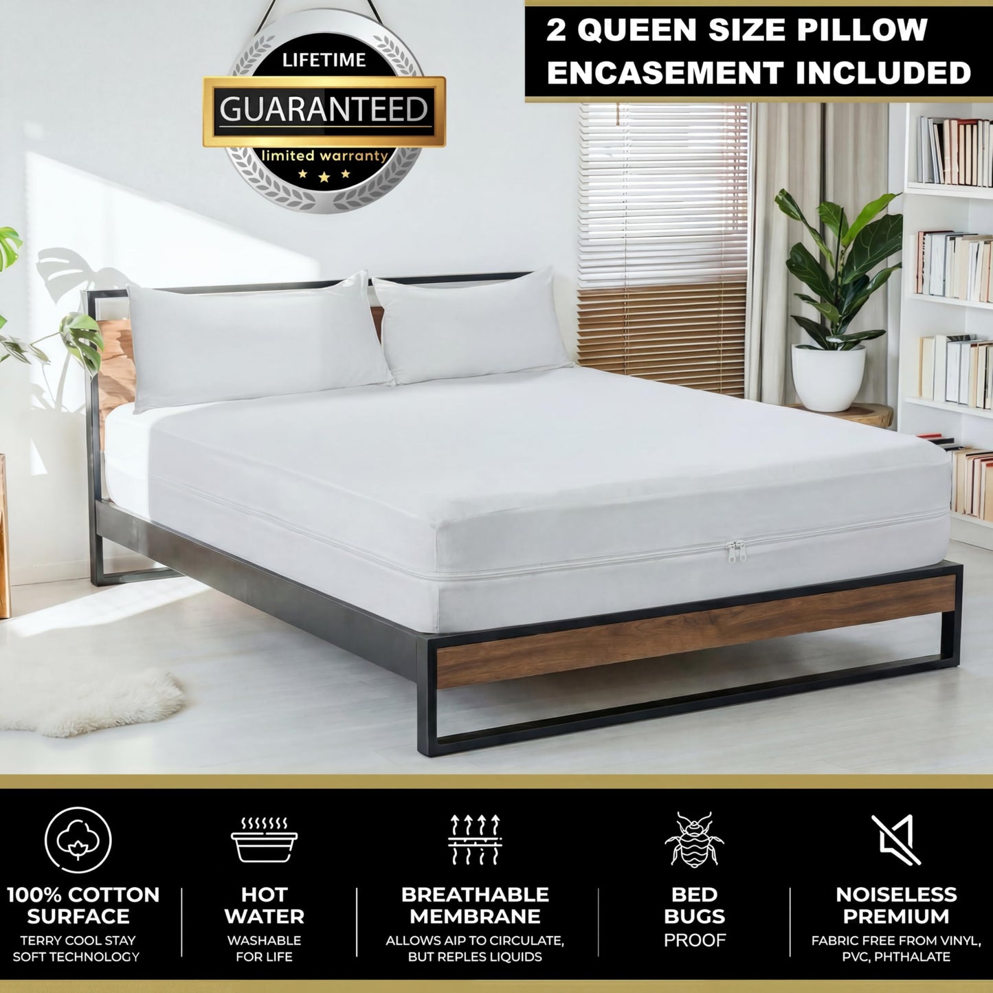 MATTSHIELD New Ultimate 3-Piece Kit - Bed Bug-Proof Mattress Cover Queen Size, Organic Cotton Top + 2 Pillow Protectors with Zipper - 6 Sided Waterproof Encasement, Best Bedbug Defense