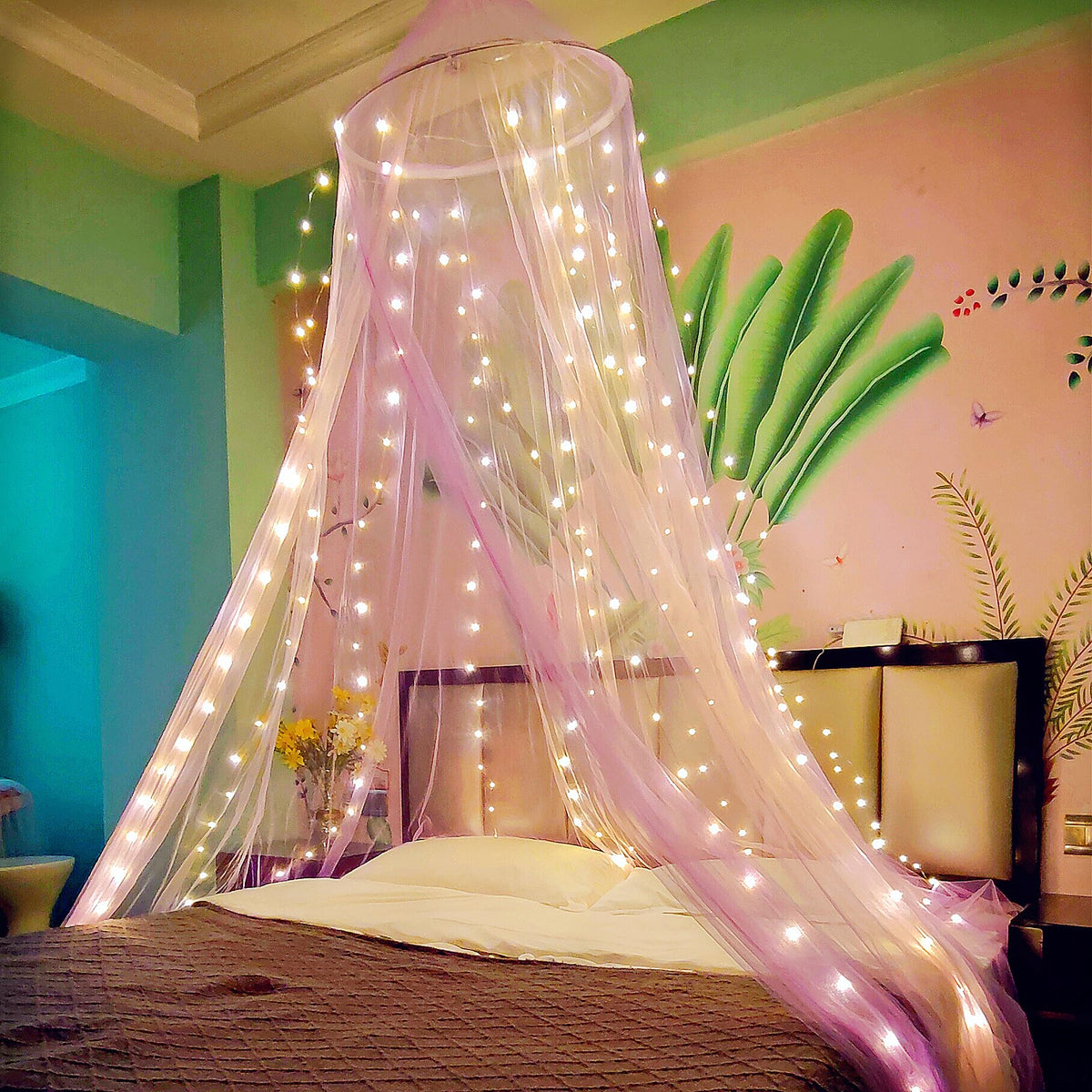 Eimilaly Two-Tone Bed Canopy Mosquito Net Pink Purple with 250pcs Warm Lights, Bed Canopy for Girls Room Decor, Single Door