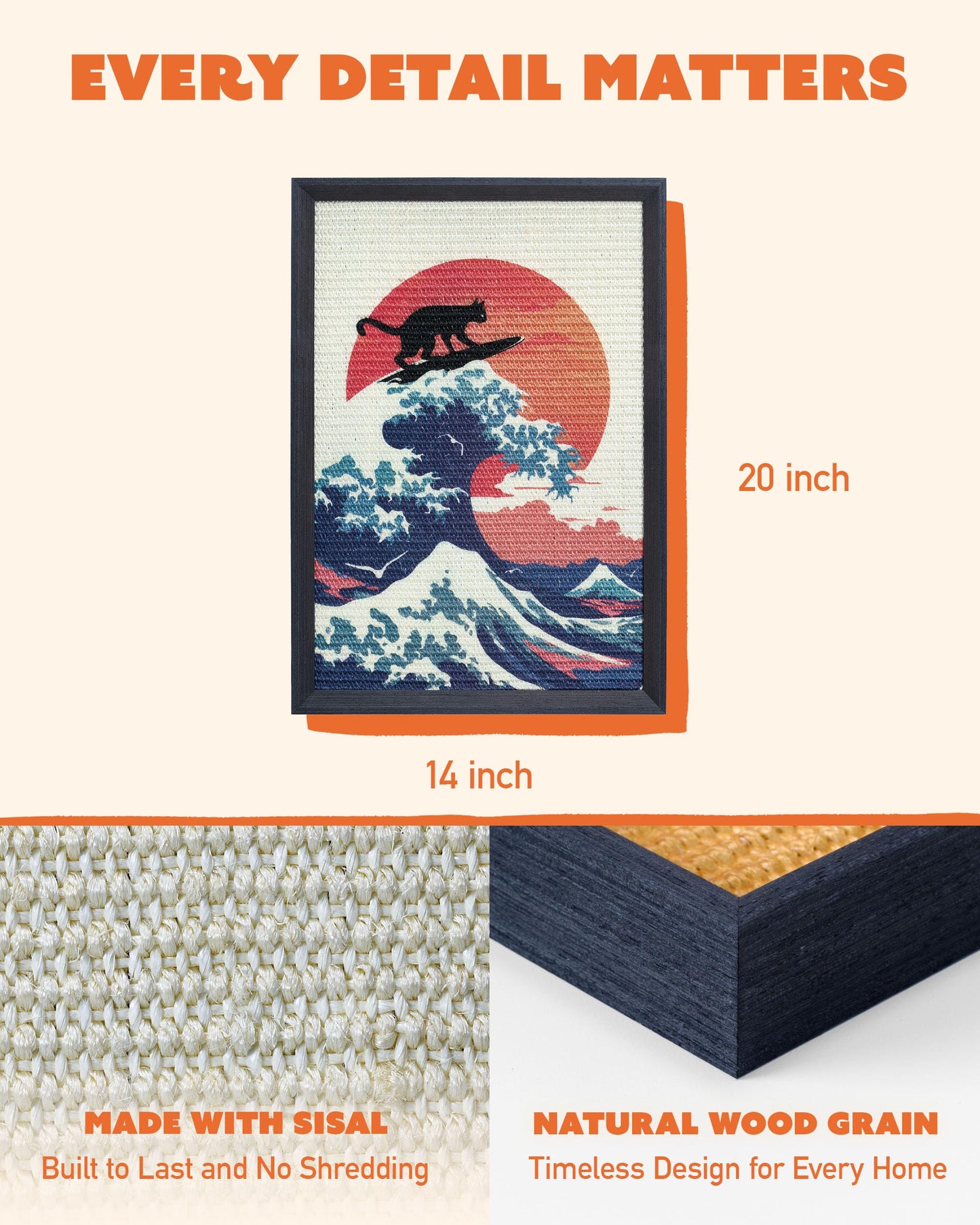 Wall Art Cat Scratcher with Vertical Mounted Design for Indoor Cats, Featuring a Durable 35x50cm Sisal Scratch Pad and Post for Scratching with Cute and Funny Look (Great Cat Wave)
