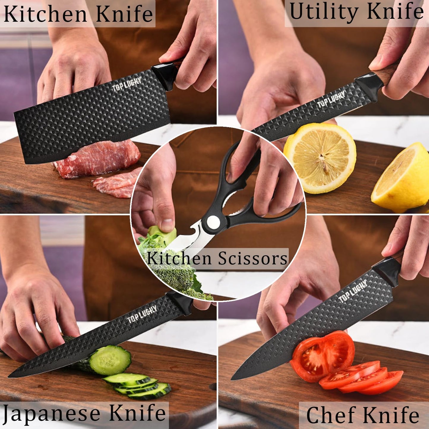 Kitchen Knife Set, 6-Pieces Black Sharp Knife Set for Kitchen, Non-Stick Non-Slip Stainless Steel Chef Knife Set with Universal Knife Block Suitable for Home Restaurant (Black)