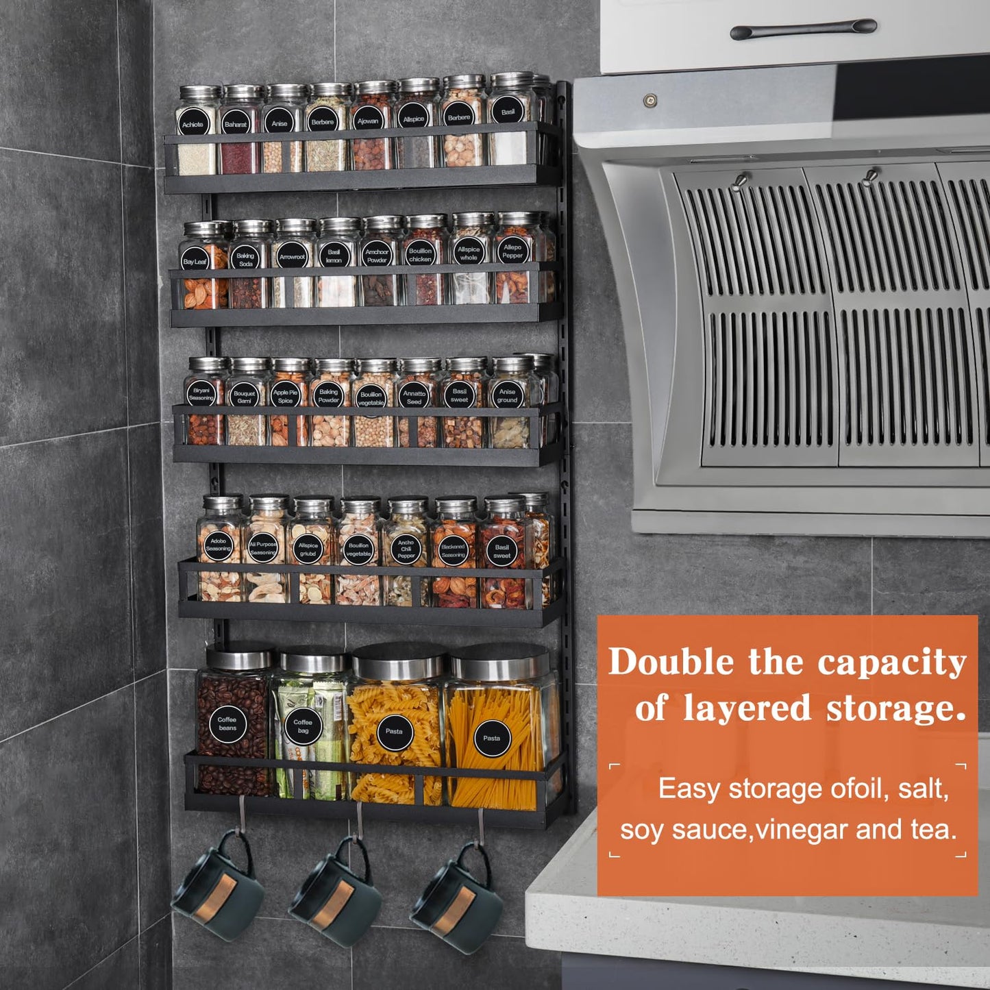 X-cosrack Wall Mount Spice Rack Organizer 5 Tier Height-Adjustable Hanging Spice Shelf Storage for Kitchen Pantry Cabinet Door, Dual-Use Seasoning Holder Rack with Hooks, Black-Patent Pending