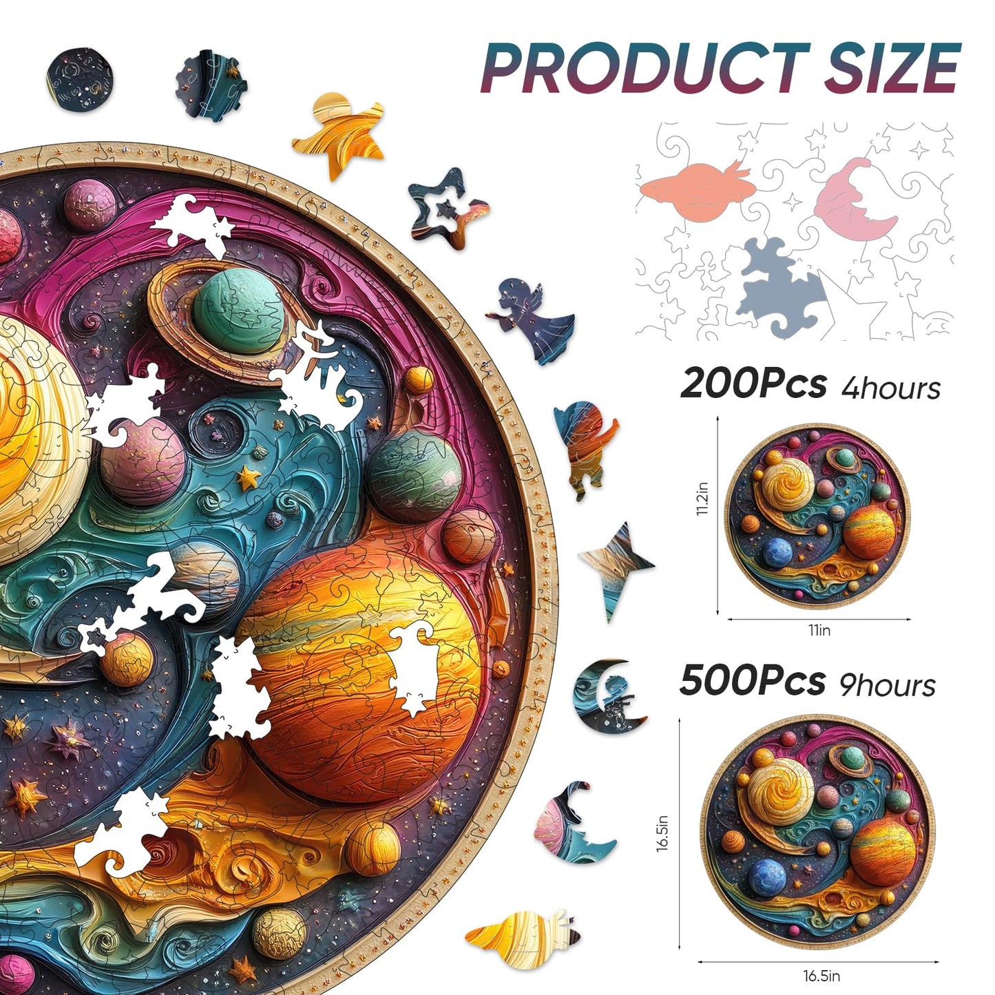 Qiuenisray Wooden Puzzles for Adults, Solar System Planet Jigsaw Puzzle 200 Pieces, Unique Shaped Wooden Puzzle for Wall Decor, Creative Gift for Family Game, 11 x 11.2 Inches