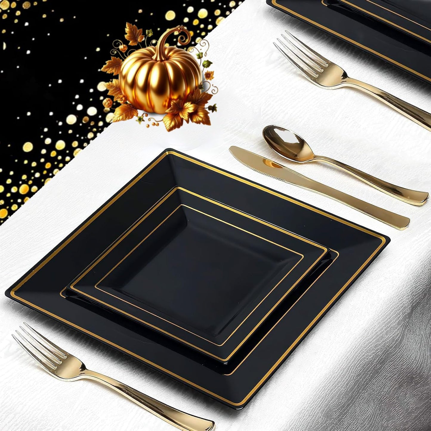 100 Pcs Black and Gold Plastic Plates 6.5 Inch Square Dessert Plates Small Cake Plate Elegant Appetizer Trays Disposable for Gathering Birthday Wedding Halloween Party