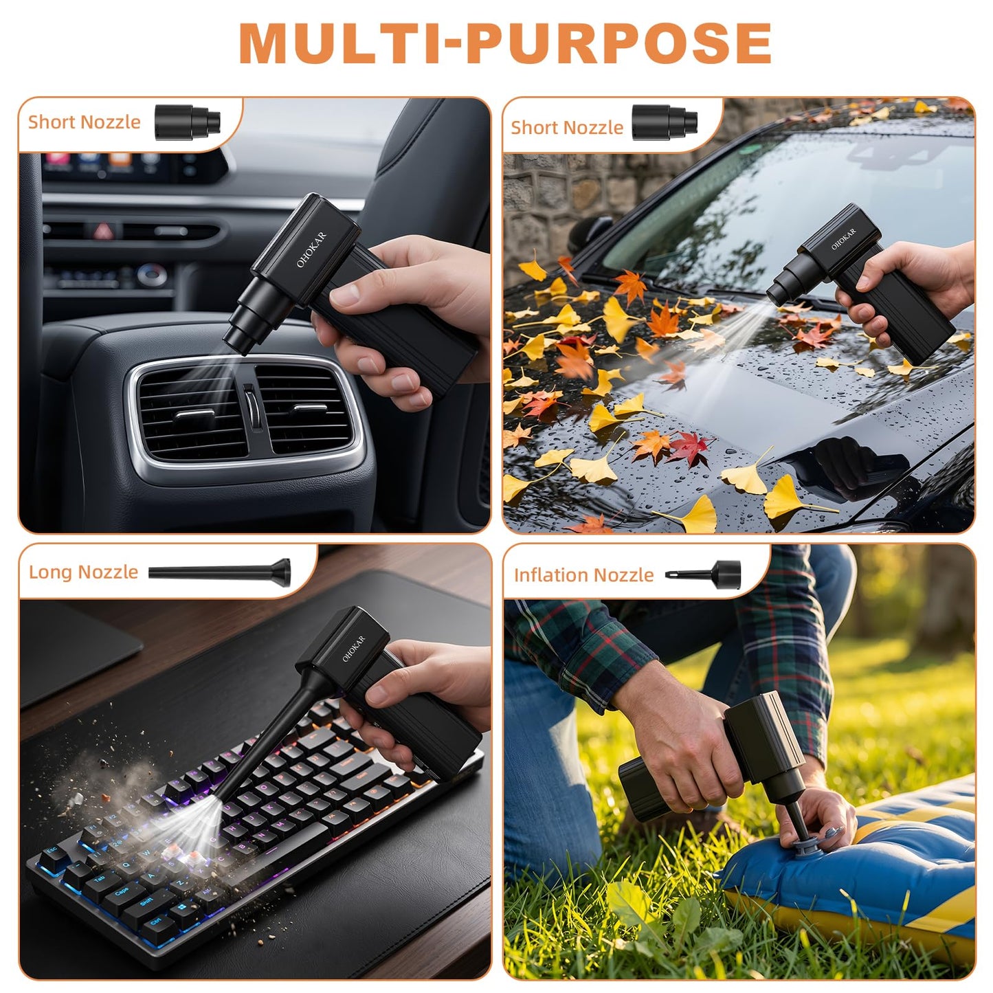 OHOKAR Compressed Air Duster-150000RPM 160W Brushless Motor Metal-Bodied Electric Air Duster, 29.6Wh Rechargeable Cordless Mini Blower, 18W Fast Charging 4-Speed Dust Blower for PC, Keyboard,Car, Home