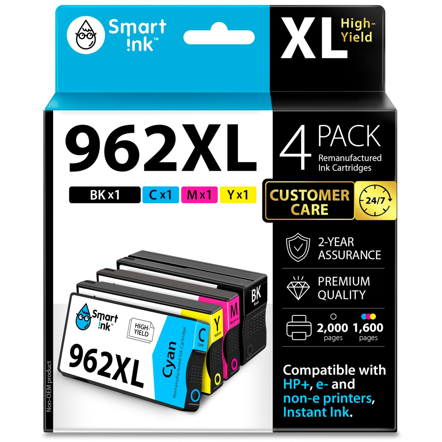 Smart Ink Remanufactured Ink Cartridges Replacement for HP 962 XL 962XL 4 Combo Pack (Black, Cyan, Magenta, Yellow) to use with OfficeJet Pro 9010e 9012e 9015e 9022e 9025e 9028e 9010 9015 9020 9025