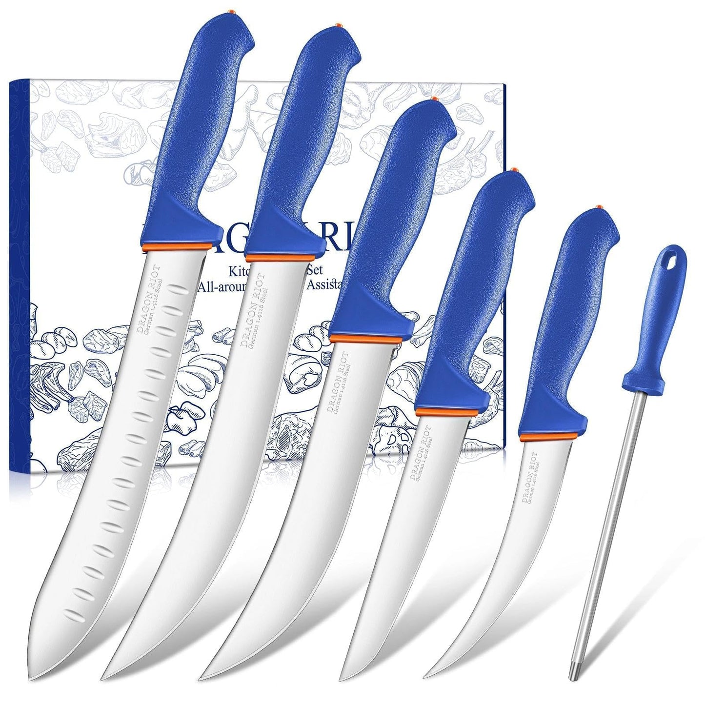 DRAGON RIOT 6 Pcs Butcher Knives Set, Meat Processing Knife Set for Brisket Trimming with German Stainless Steel and Blue Non-Slip Handle,Ideal Christmas Gift for Man and Woman