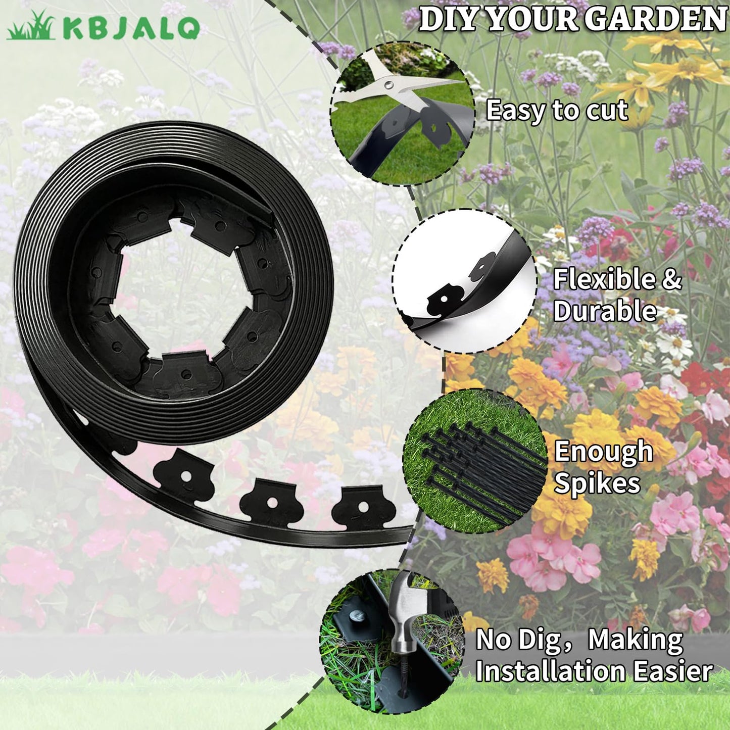 KBJALQ Landscape Edging 2 Inch Tall with Spiral Nylon Anchoring Spikes and Scissors,Plastic Garden Edging Border for DIY Garden,Grass,Lawn Edging,Yard (60 FT)