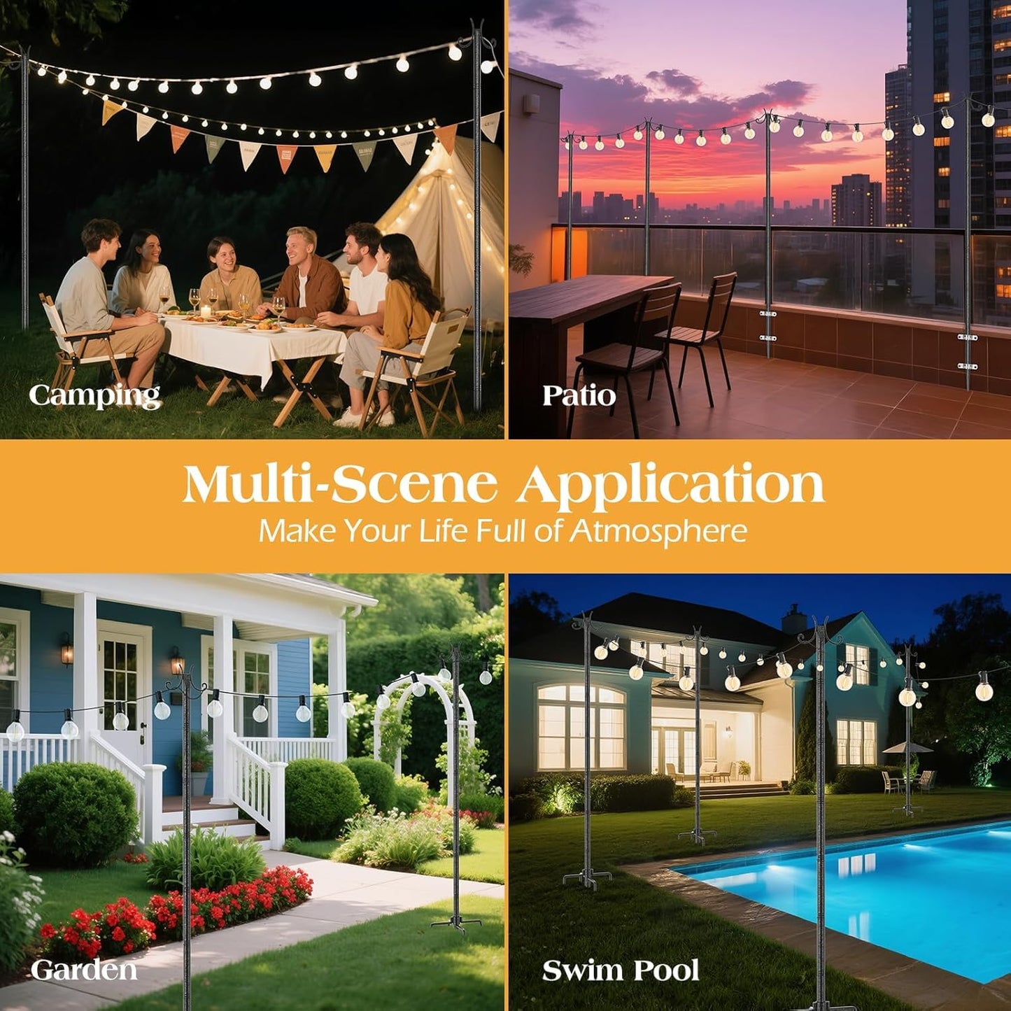 2 Pack Outdoor String Light Poles, Metal Lights Hanging Pole with Hooks and Rustproof, for Patio Garden Deck Backyard Lawn Sunshade and Decor