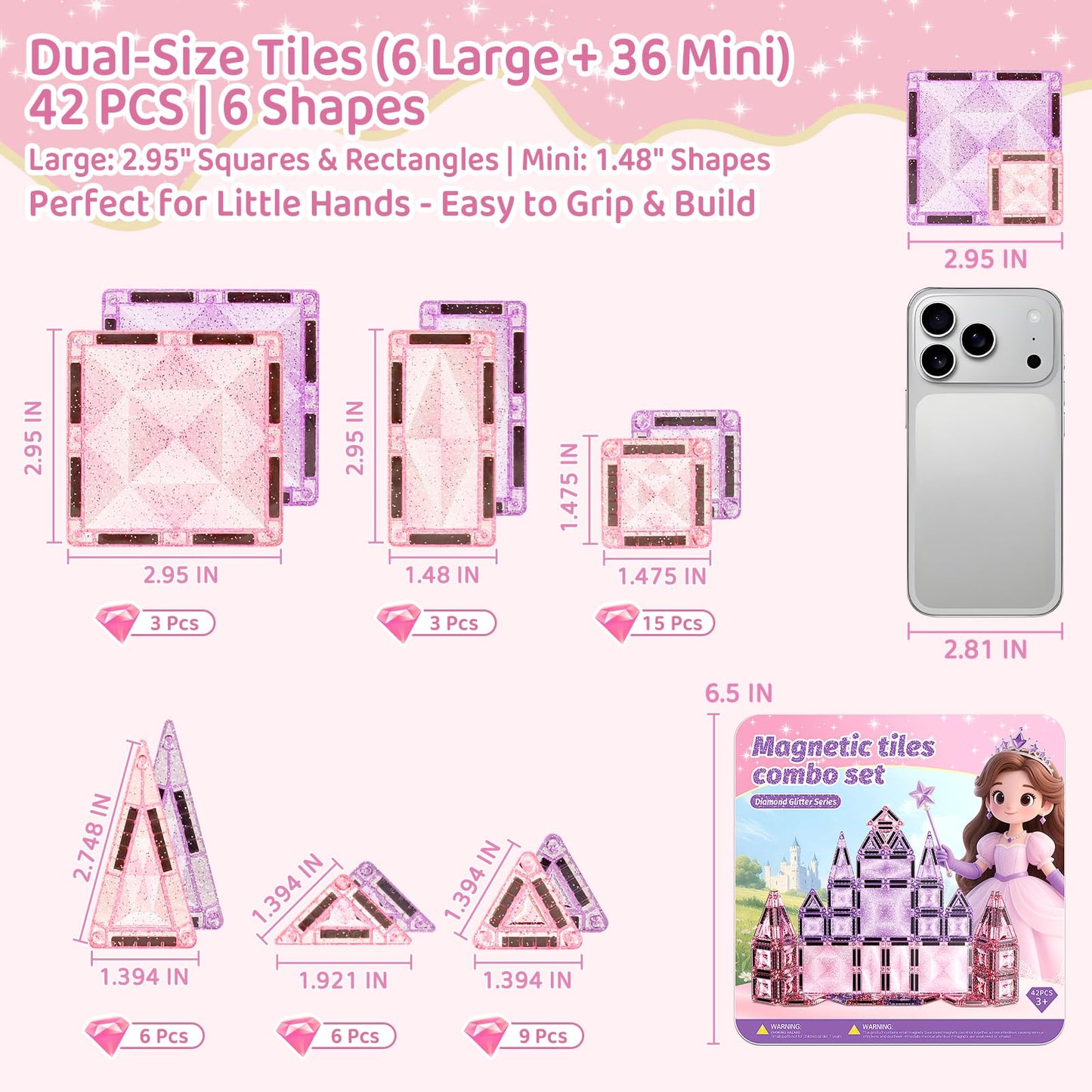 burgkidz Princess Magnetic Tiles for Girls Ages 3-8 – 42PCS Sparkling Pink & Purple Glitter Tiles with Storage Tin, Dual Size Standard Compatible STEM Toys, Travel Friendly Birthday Gift