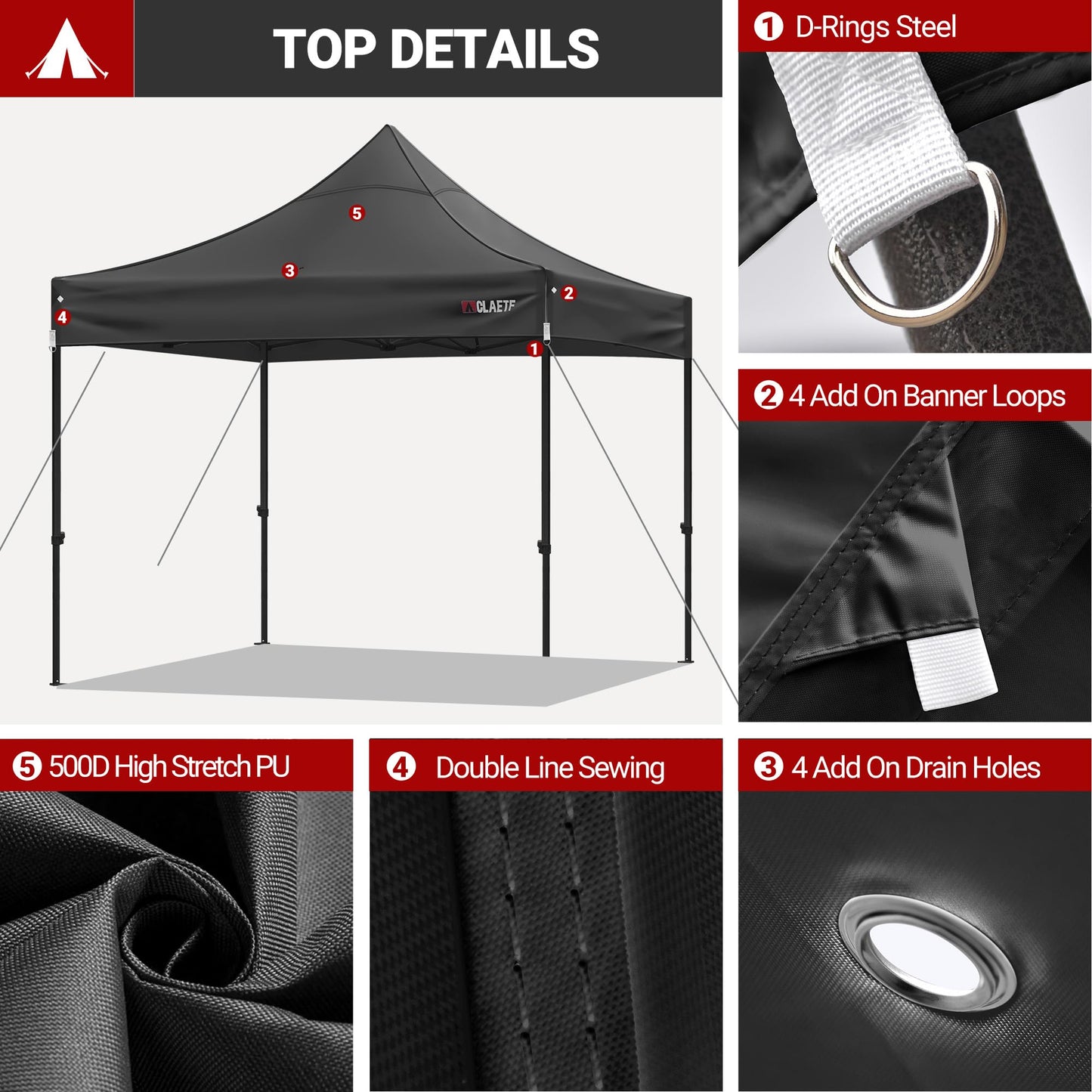 CLAETF 10x10 Canopy Replacement Top for Pop Up Canopy Tent - 4 Drainage Holes，10x10ft Canopy top Suitable for Most of The Standard Canopy(top only, Black)