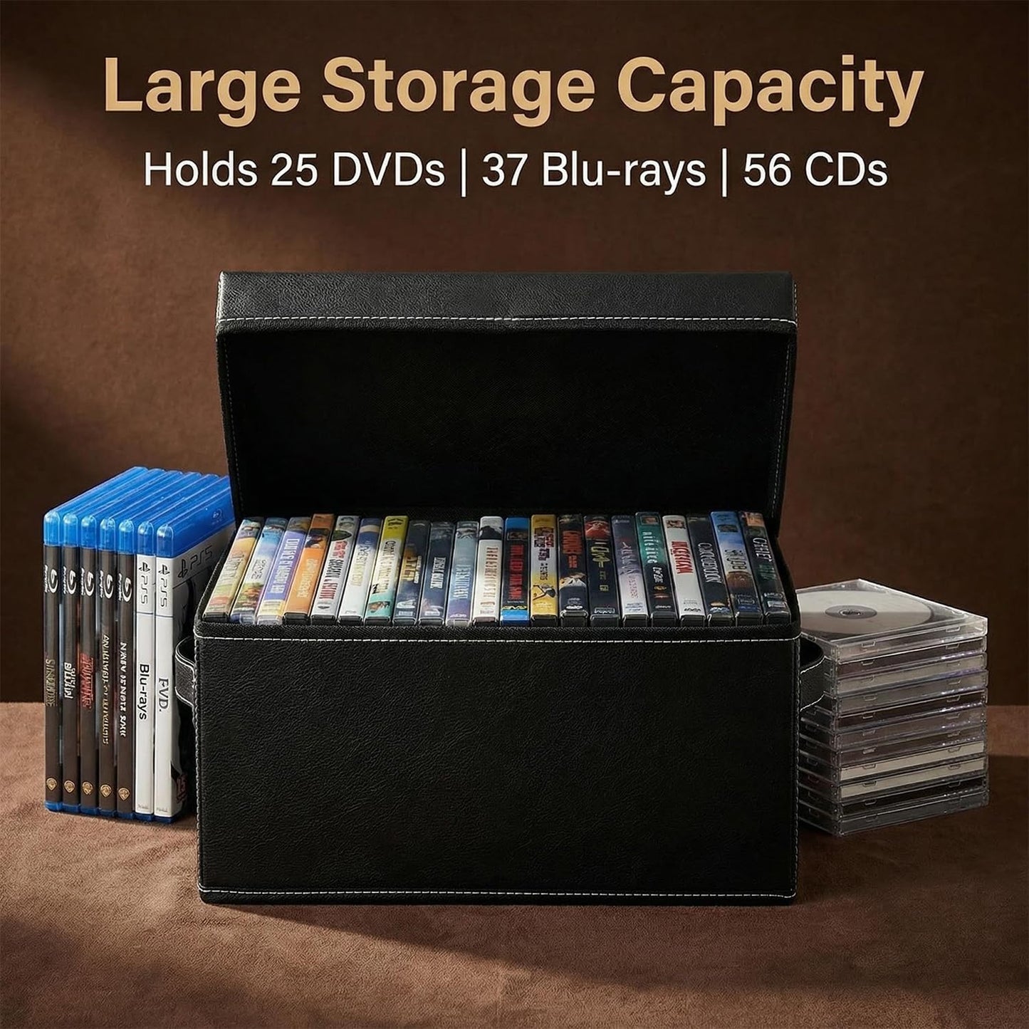 Salajory DVD Storage Boxes 4 Pack, Holds 100 DVDs, PU Leather Media Organizer Case for Blu-ray, Game & Movie Discs with Handle, 15.7x7.9x5.7 Inches, Desktop or Closet Storage