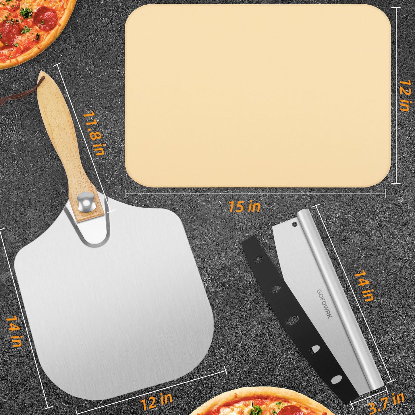 GOFOWRK Pizza Stone Set, 15 x 12'' Large Rectangle Pizza Stone Set for Oven and Grill with Metal Pizza Peels & Cutter Rocker, 0.6'' Thickened Stone Pizza Pan, Baking Stone for Pizza, Bread
