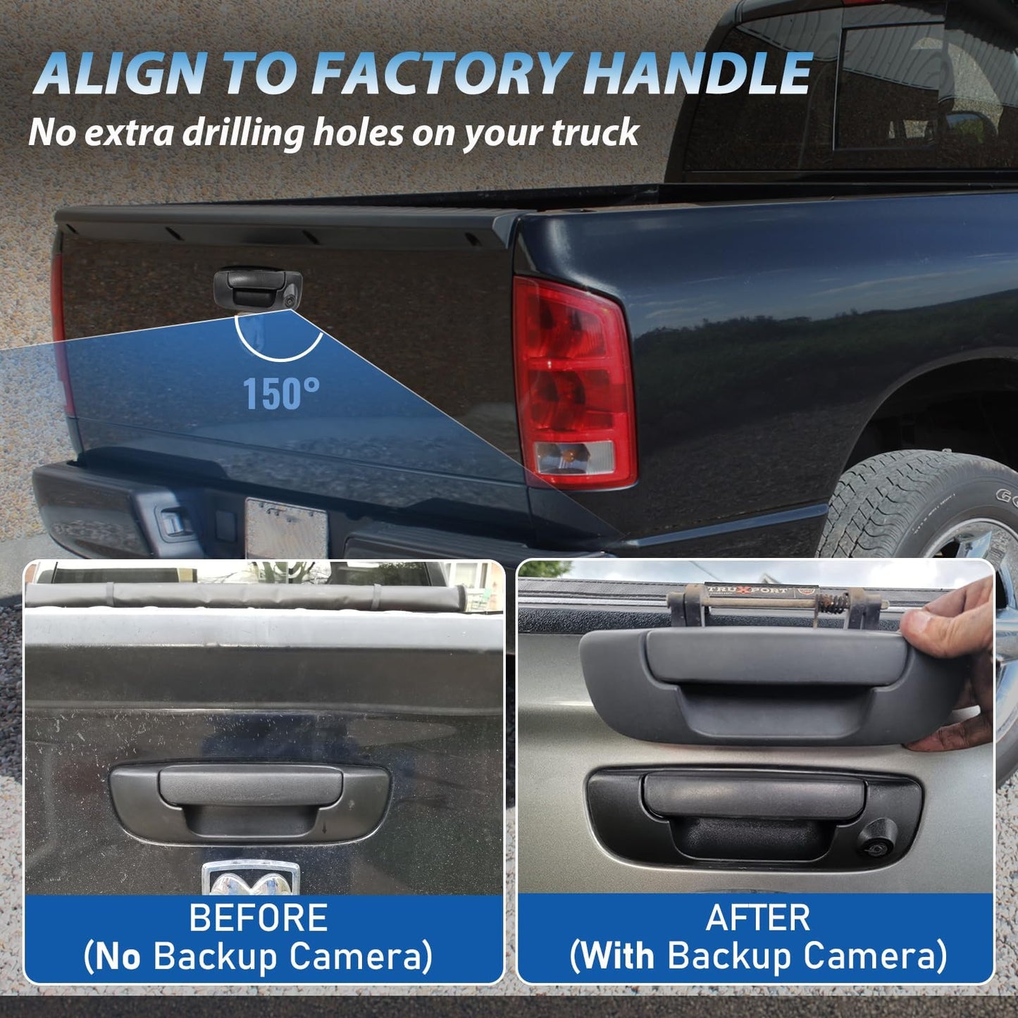 EWAY Tailgate Handle Backup Camera for 2002-2008 Dodge RAM 1500 2500 3500 Tailgate Latch Door Handle Aftermarket Reverse Reversing Back Up Rear View Camera RCA Connector w/ 26FT Extension Harness
