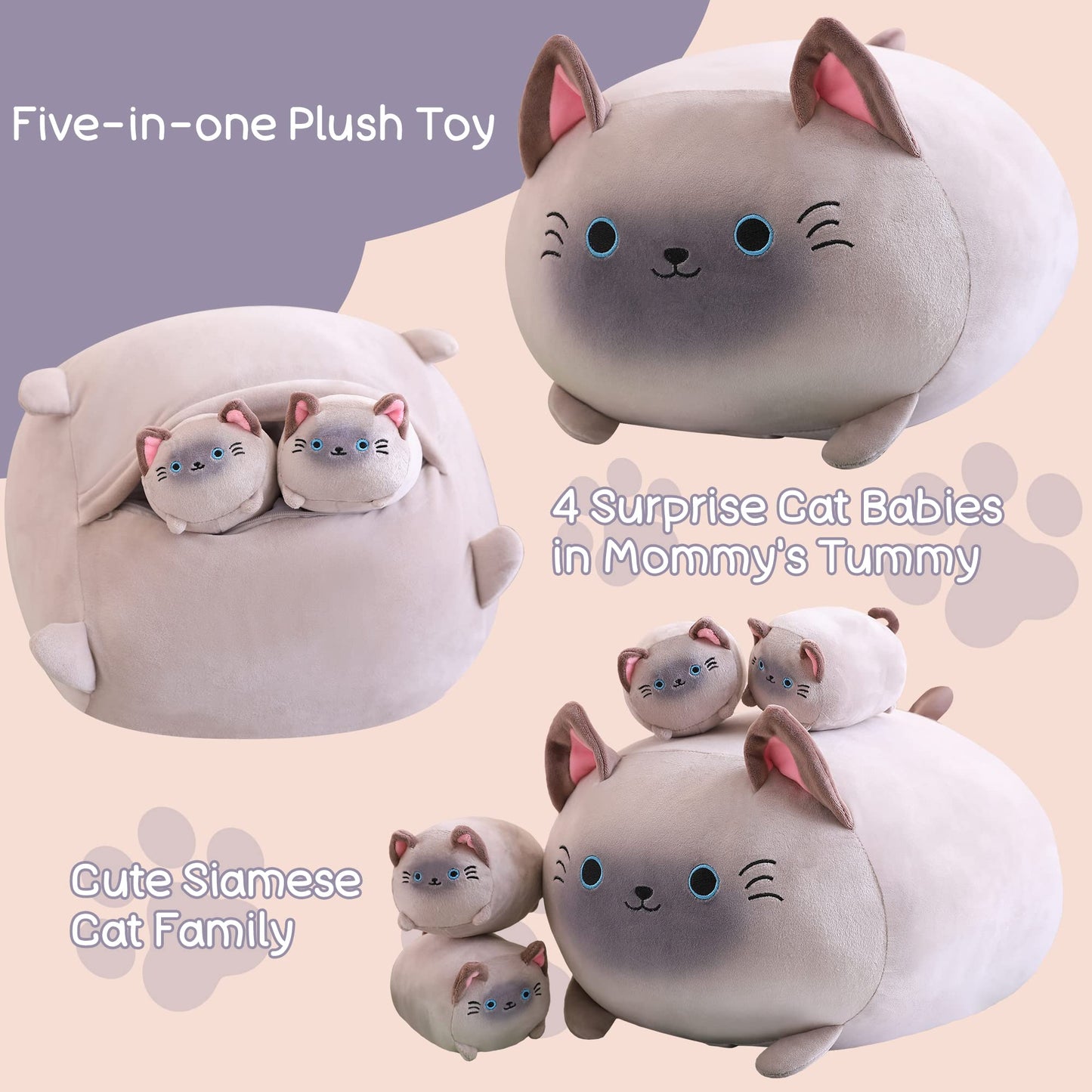 SQEQE Siamese Cat Plush, Cute Siamese Cat Stuffed Animals Mommy with 4 Squishy Kitties in Her Tummy, Soft Plushies Pillow Gifts for Kids