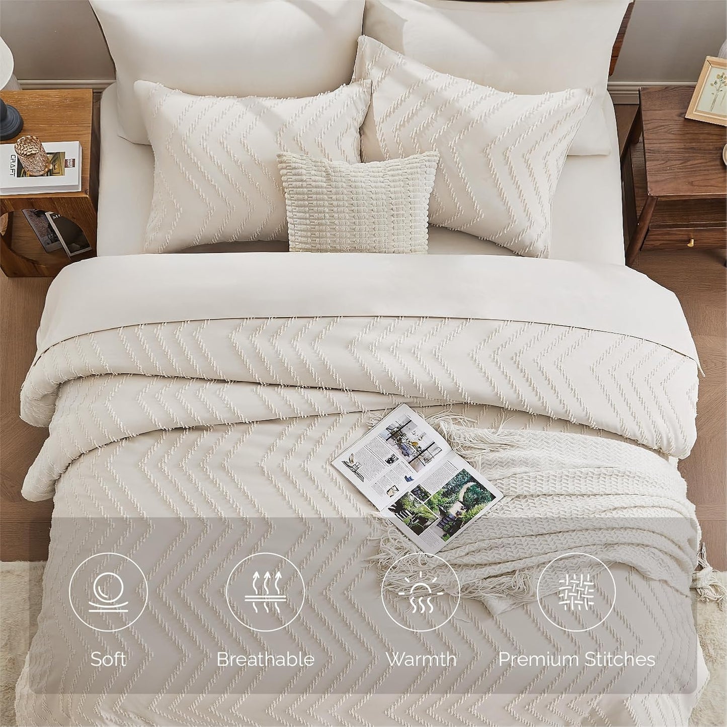 Andency Comforter Queen Size with Sheets Beige，7 Pieces Bed in a Bag Queen Cream Chevron Boho Soft Warm Tufted Neutral Bedding Sets with Comforter, Sheets, Pillowcases & Shams