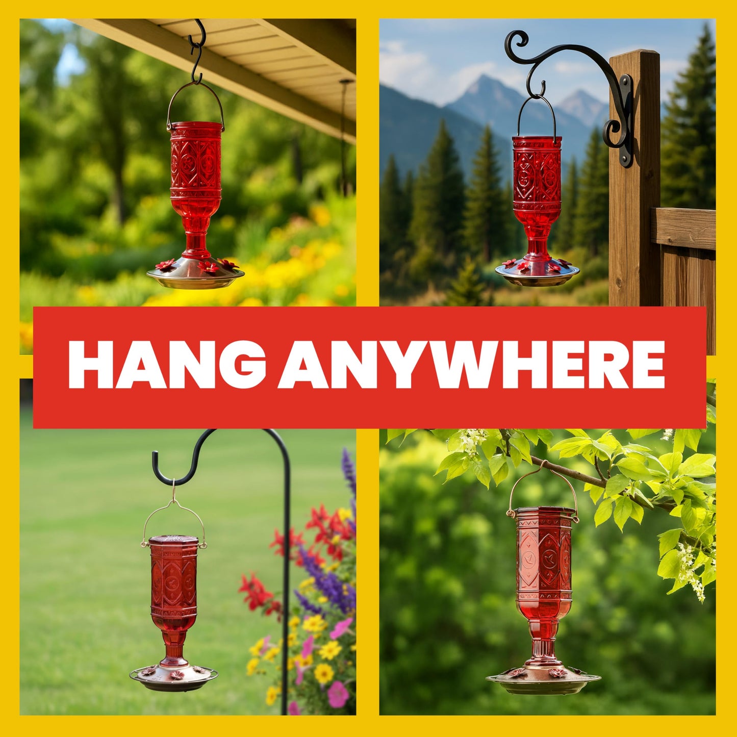More Birds 76IN Jewel Glass Hummingbird Feeder, Red - 20 oz